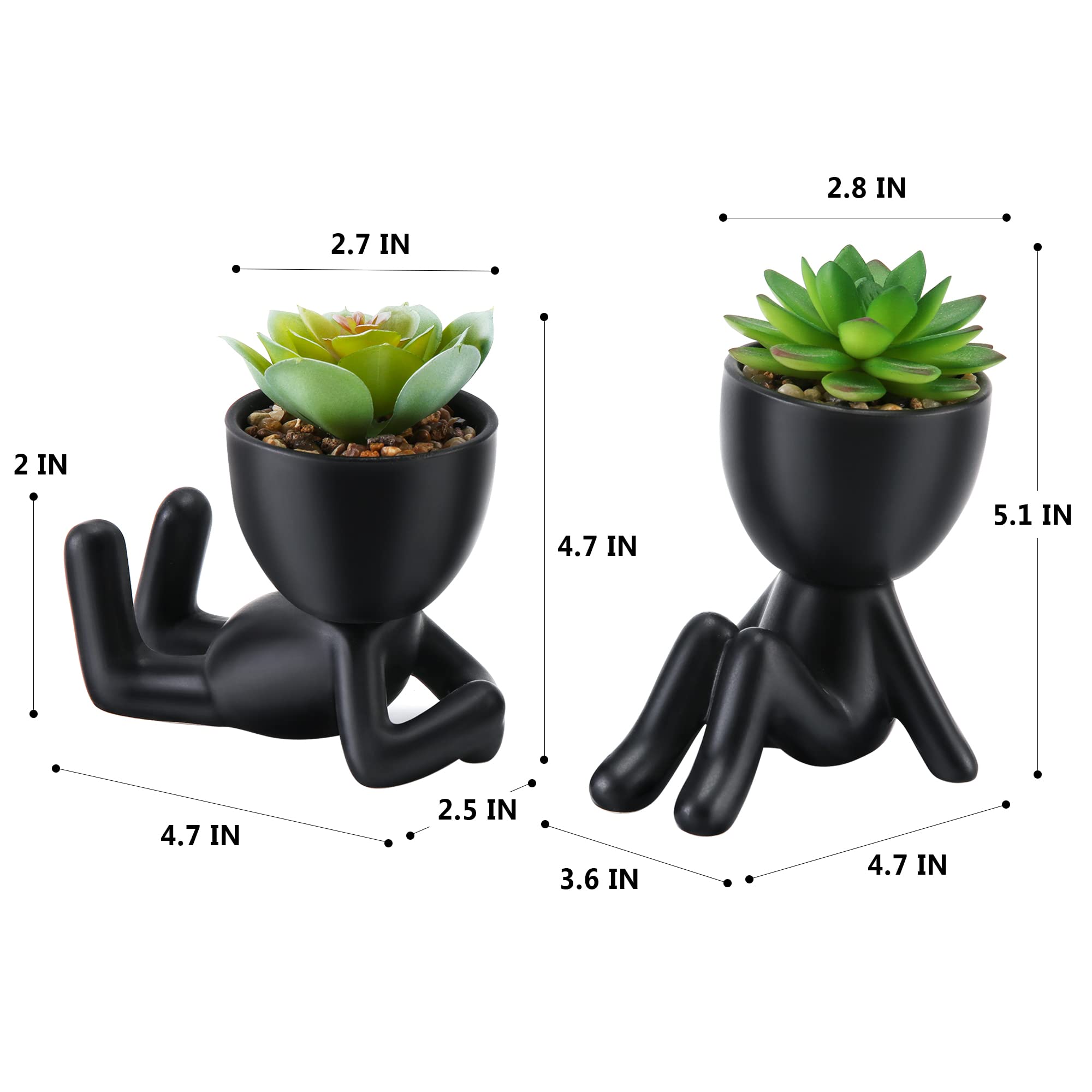 Artificial Succulent Plants in Black Modern Human-Shaped Ceramic Pots - Mini Fake Succulents for Desk Decor, Office, Bathroom & Home Decor - Set of 2 Cute Desk Plants for Women - Perfect for Workspace, Living Room & Gift Ideas