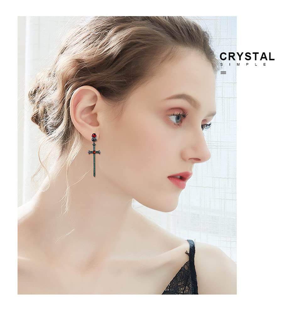 Black Rose Flower Earrings with Cross Dangle - Vintage Dark Rose Stud Earrings for Women, Red & Green Crystal Jewelry Gift | Perfect for Gothic Fashion, Evening Parties & Unique Gift Giving