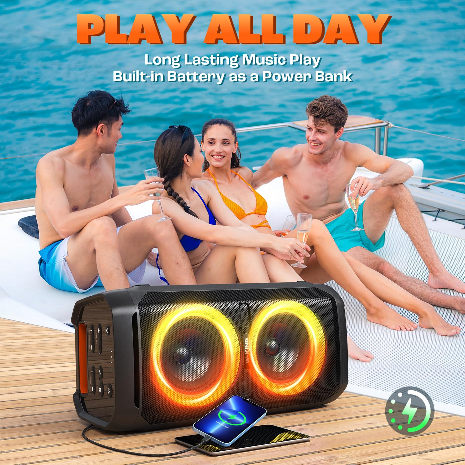 W-KING 220W Peak Bluetooth Speaker - 115dB Loud Sound, Deep Bass, IPX6 Waterproof, BT5.3, 24H Battery, EQ, Echo, DSP, RGB Lights - Portable Party Boombox for Outdoor, Beach, Camping, and Home Use