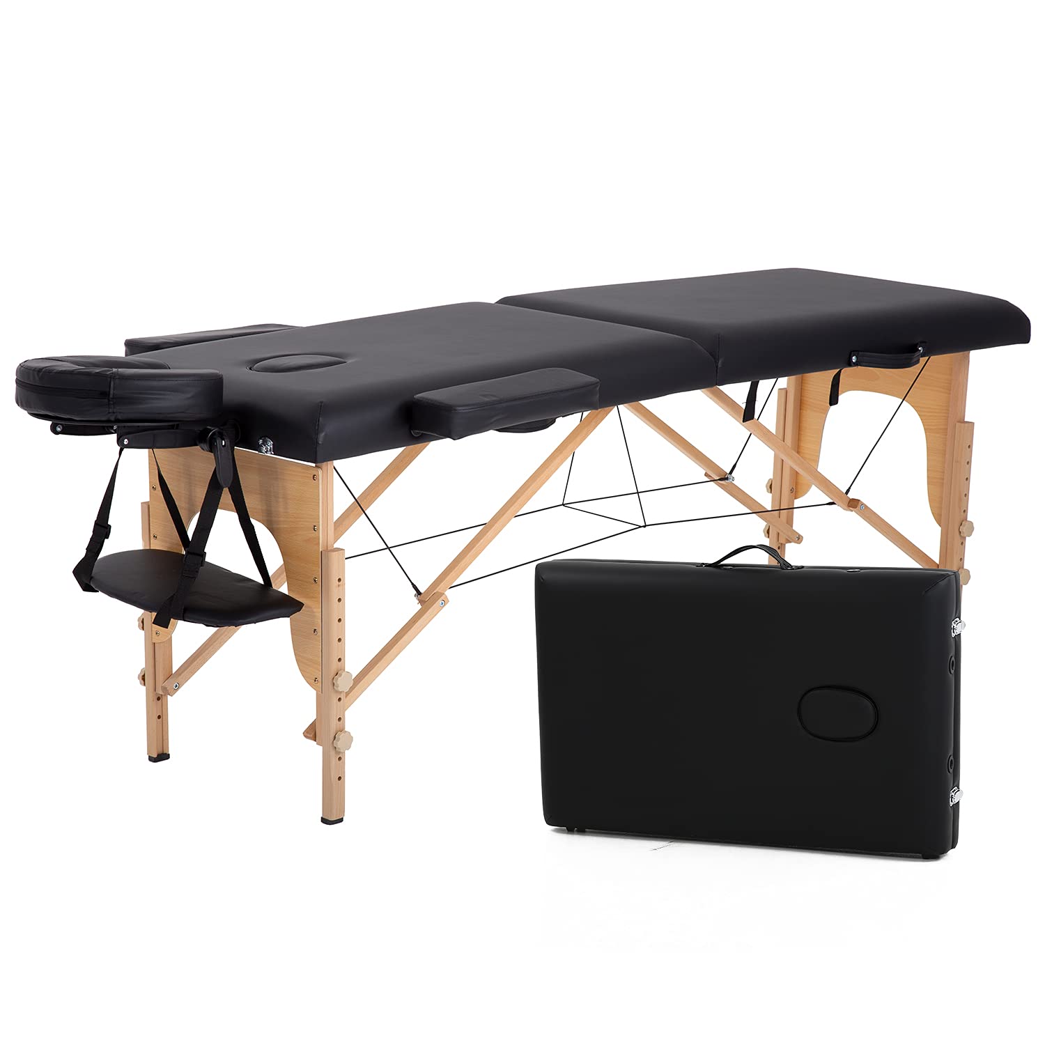HCY 73 Inch Portable Massage Table - Adjustable Height Wooden Leg Folding Massage Bed with Carry Case for SPA, Salon & Tattoo (Black) | Perfect for Professional Therapists, Home Use & Mobile Services
