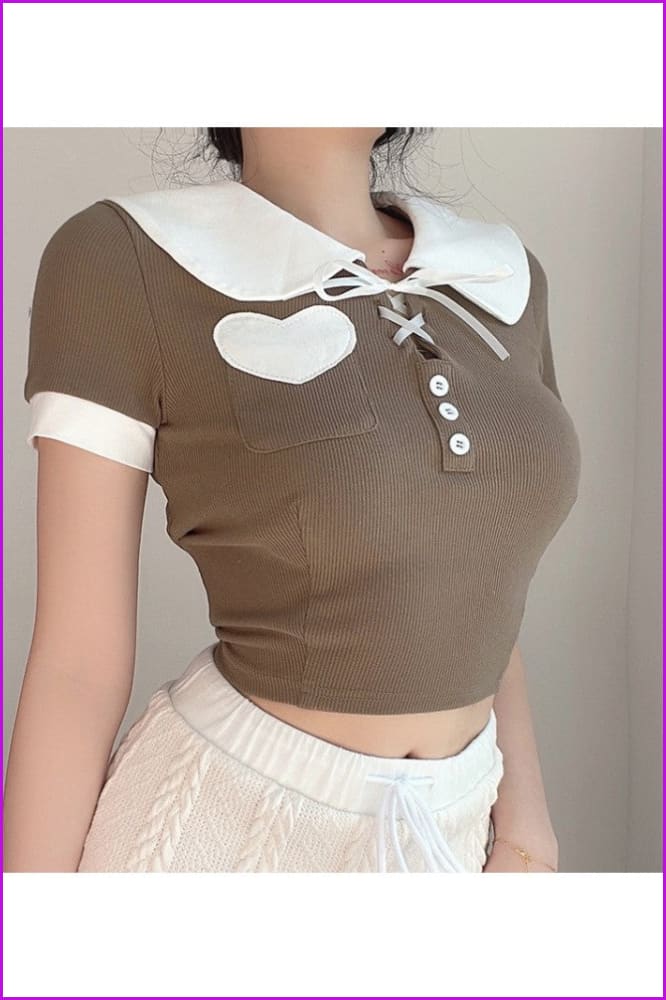 Lovevop Contrast Color Heart Patchwork Short Crop T-Shirt Top FW7726 | Trendy Women's Fashion Tee for Casual Outfits, Date Nights & Summer Street Style
