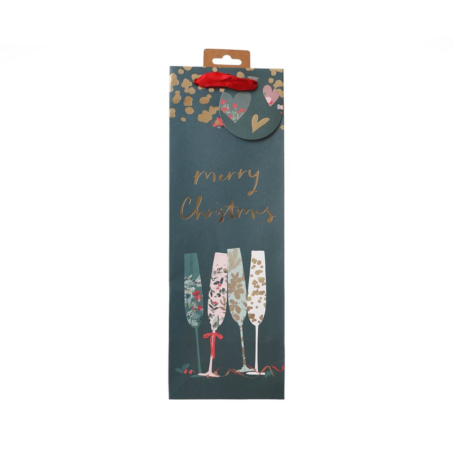 GLICK Christmas Paper Bottle Bag with Flutes - Eco-Friendly Holiday Gift Packaging for Wine, Liquor & Party Favors