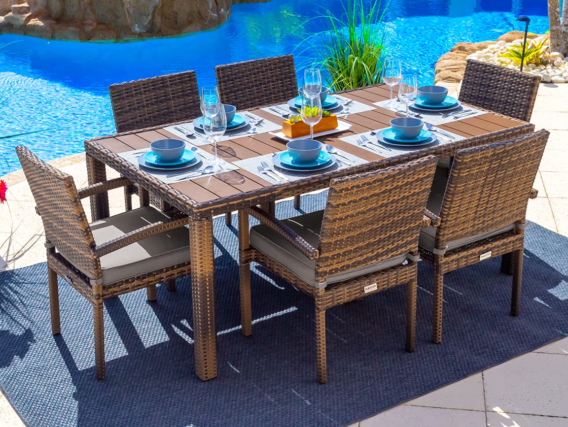 7-Piece Brown Resin Wicker Outdoor Dining Set with Rectangular Table & 6 Cushioned Chairs | Weather-Resistant Patio Furniture for Backyard, Garden & Poolside | Sunbrella Taupe Cushions & Flat-Weave Wicker Design