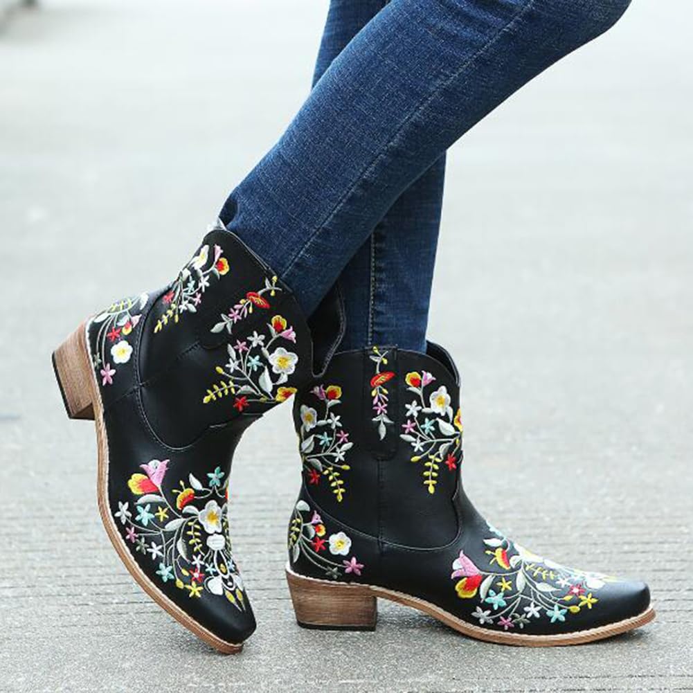 COVOYYAR Women's Embroidered Cowboy Ankle Boots - Stylish Western Booties for Country Fashion | Perfect for Rodeo, Concerts & Fall Outfits