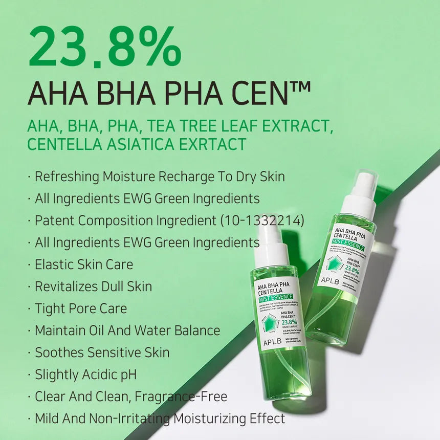 APLB AHA BHA PHA Centella Mist Essence 105ml - Soothing Facial Toner for Acne-Prone & Sensitive Skin | Hydrating & Calming Korean Skincare for Daily Use & Travel