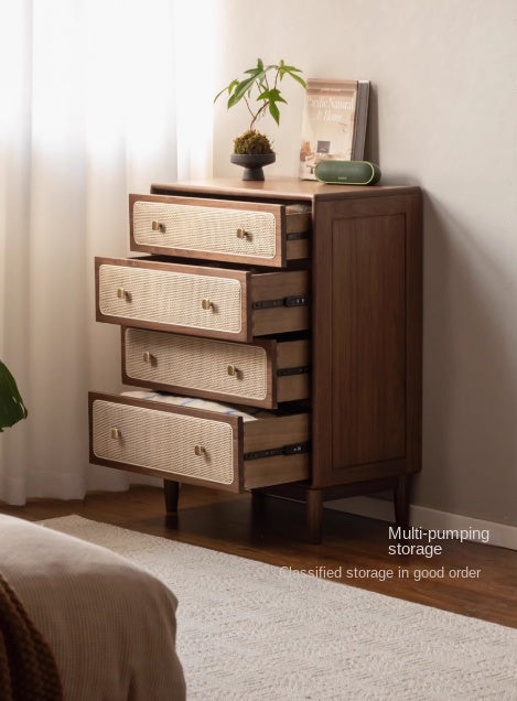 Solid Oak & Black Walnut Wood Cabinet with Rattan Doors - Modern Storage Organizer for Living Room, Bedroom, or Entryway