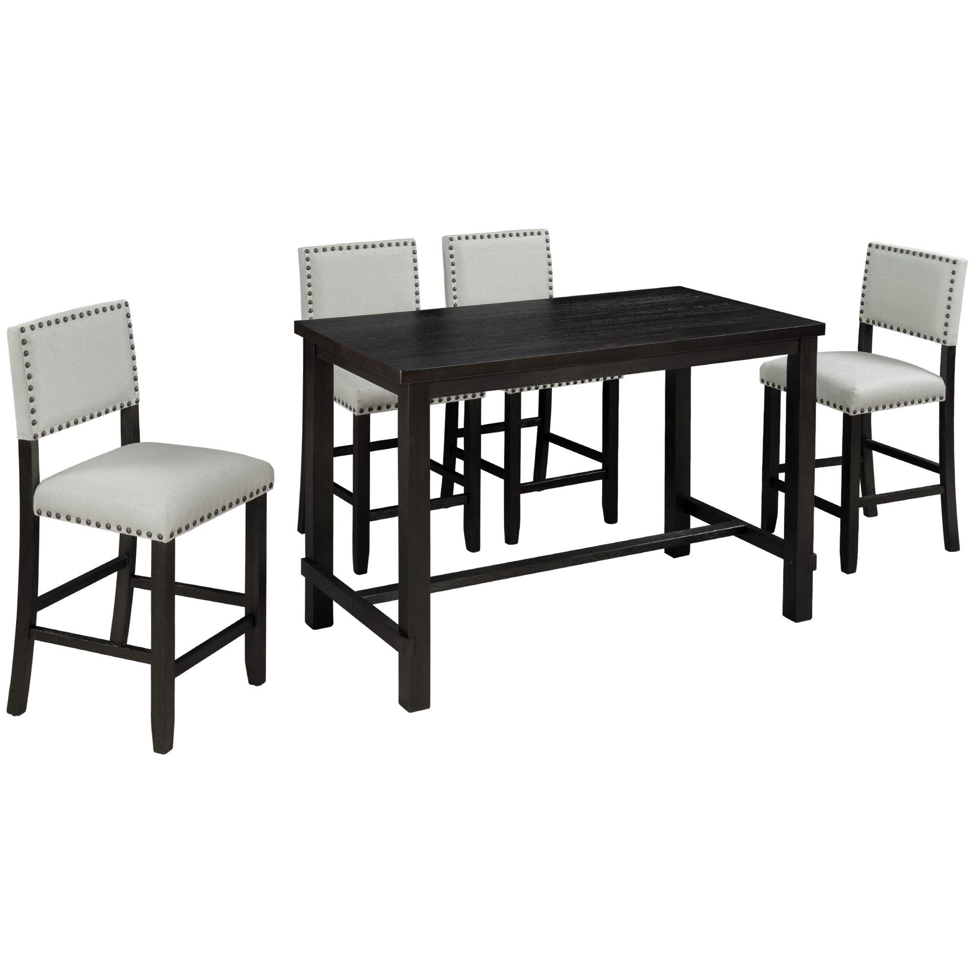 Harper & Bright Designs 5-Piece Wooden Rectangular Counter Height Dining Table Set with 4 Upholstered Chairs - Classic Elegant Kitchen Furniture in Espresso & Beige | Perfect for Small Spaces, Breakfast Nooks, and Modern Farmhouse Dining Rooms