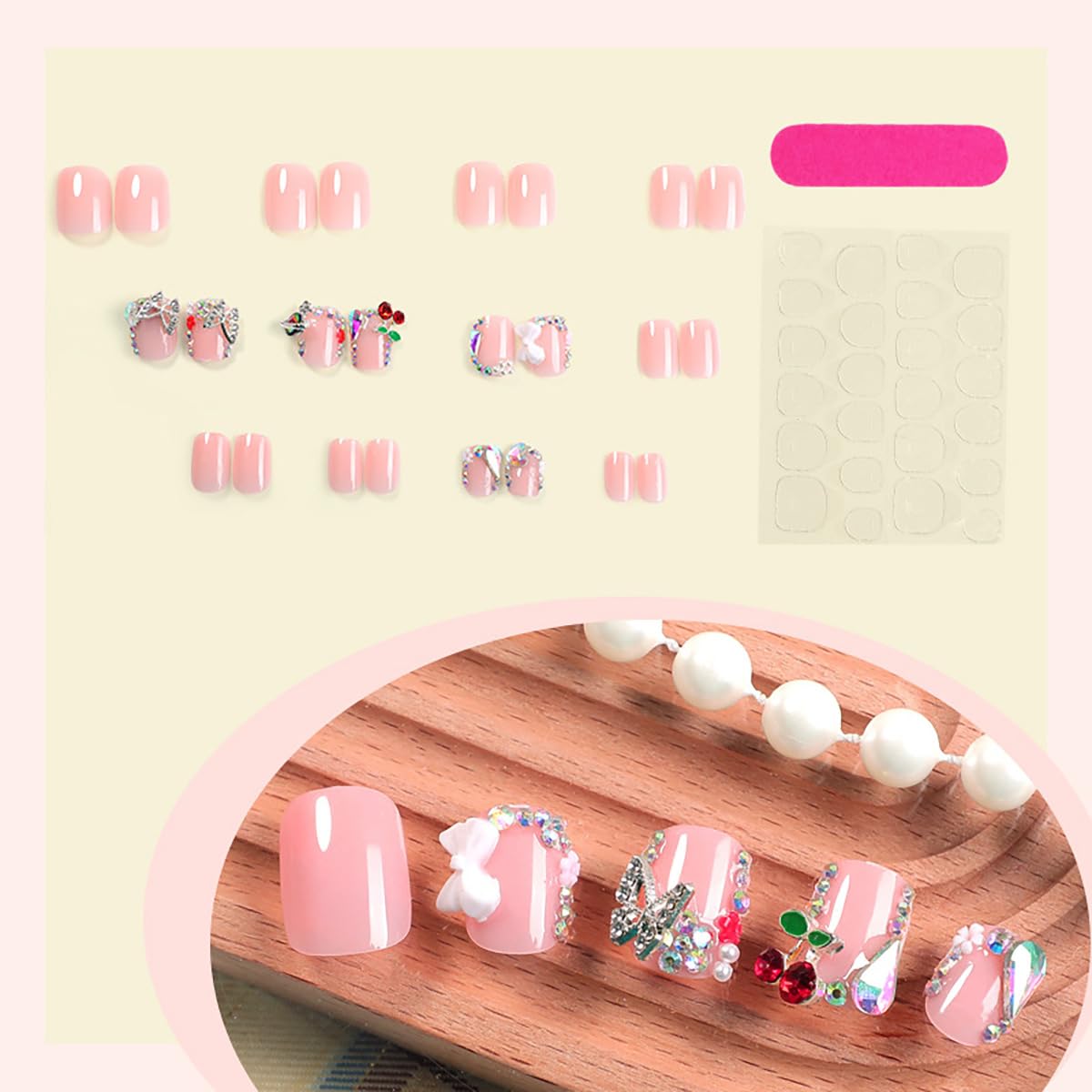 24Pcs Short Square Press on Nails with 3D Bow Charms - Pink Fake Nails with Butterfly Flower Designs, Rhinestones & Glossy Finish | Full Cover French Acrylic Nail Tips for Women | Perfect for Parties, Weddings & Everyday Wear