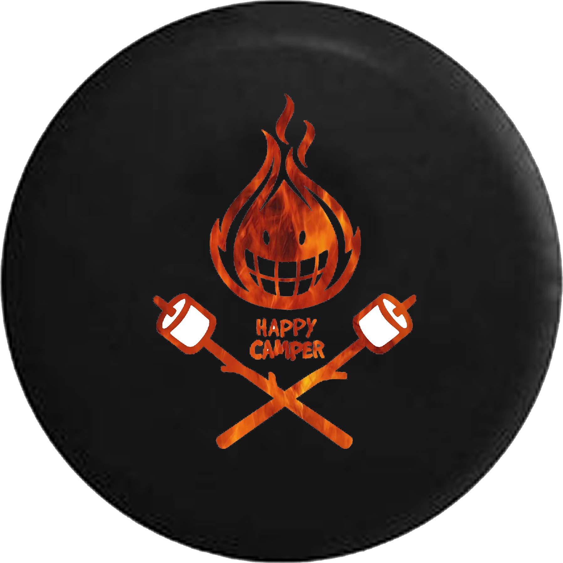 Black 31 Inch Tire Cover Happy Camper with Camp Fire and Marshmallows Design - Perfect for RV, Trailer, and Outdoor Camping Adventures