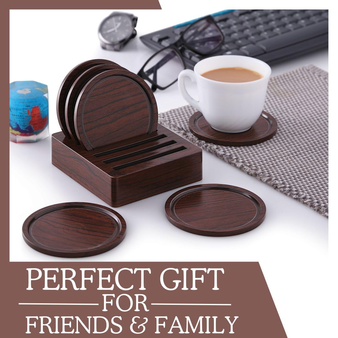 Stylish Nabhya 6-Piece Plastic & Steel Coaster Set with Holder for Coffee Mugs, Beer Cans, Tumblers & Water Glasses - Brown - Perfect for Home, Office & Bar Use