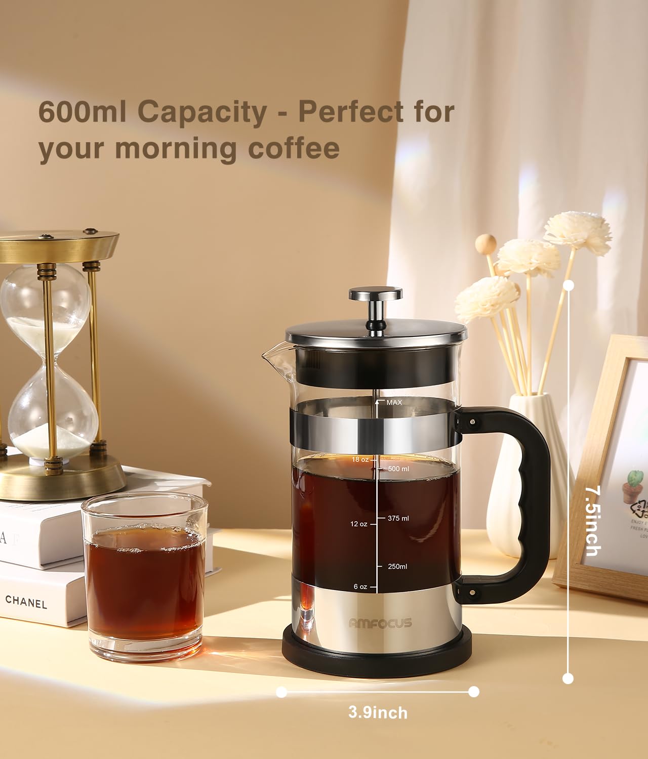 Premium French Press Coffee Maker - 21OZ Borosilicate Glass Coffee Pot with 4-Level Filtration System | Heat-Resistant & Portable for Home, Office, Travel | Ideal for Hot & Cold Brew Coffee (Silver) | Perfect Gift for Coffee Lovers