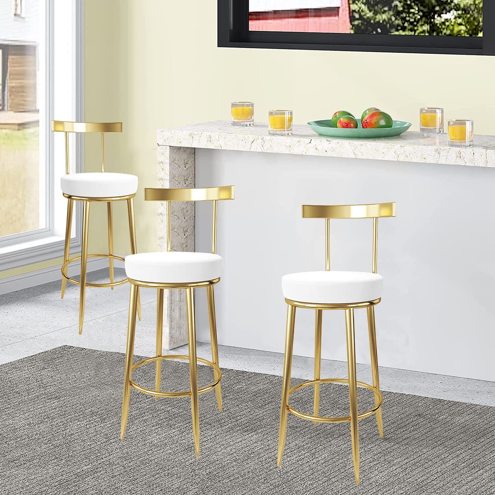 Premium Set of 2 PU Leather Counter-Height Bar Stools - European Style Kitchen Bar Chairs with Back Support, White - Perfect for Breakfast Nooks, Kitchen Islands & Home Bars