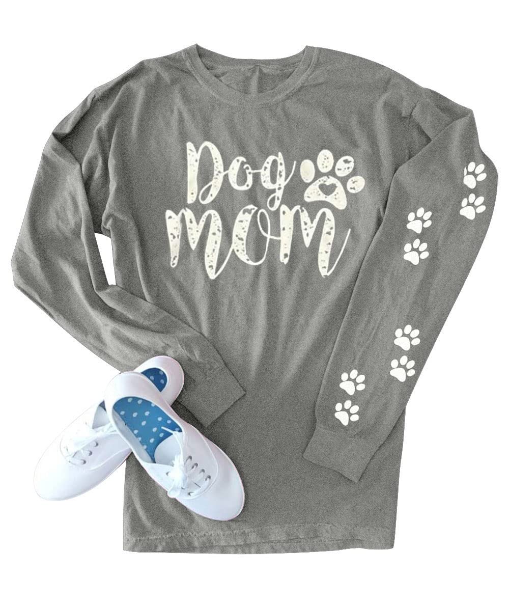Women's Dog Paw Print Pullover - Cute Dog Mom Graphic Tee with Patch Pocket | Long Sleeve Casual Shirt for Dog Lovers | Perfect for Pet Owners, Dog Walks & Cozy Outings