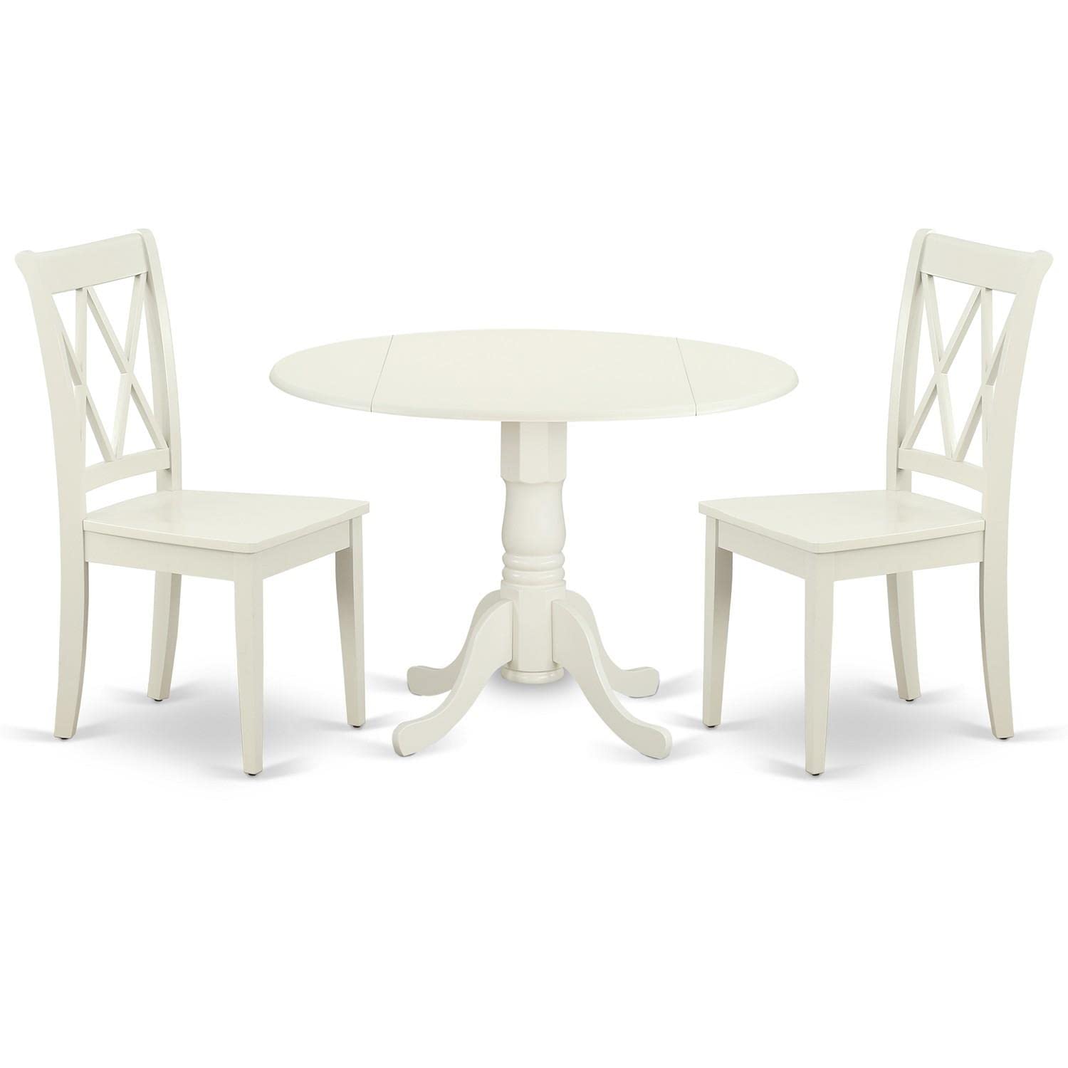 East West Furniture DLCL3-LWH-W 3 Piece Round Dining Table Set with Drop Leaf & 2 Wooden Chairs, 42x42 Inch, Linen White - Perfect for Small Spaces, Breakfast Nooks & Cozy Kitchen Dining