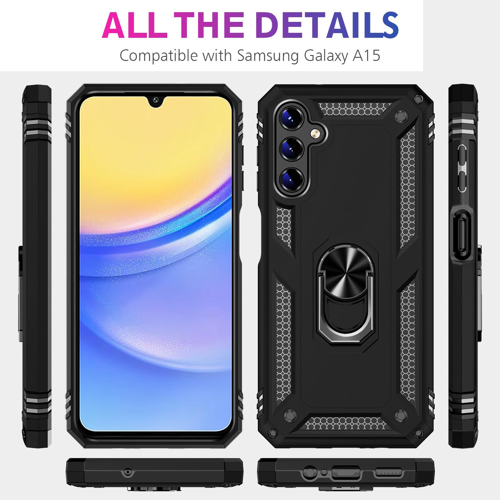 Samsung Galaxy A15 5G Case with Screen Protector - Military Grade Shockproof Rugged Heavy Duty Cover with Magnetic Ring & Kickstand - Protective Phone Case for Samsung A15 (Black) - Perfect for Outdoor Activities, Travel & Daily Protection