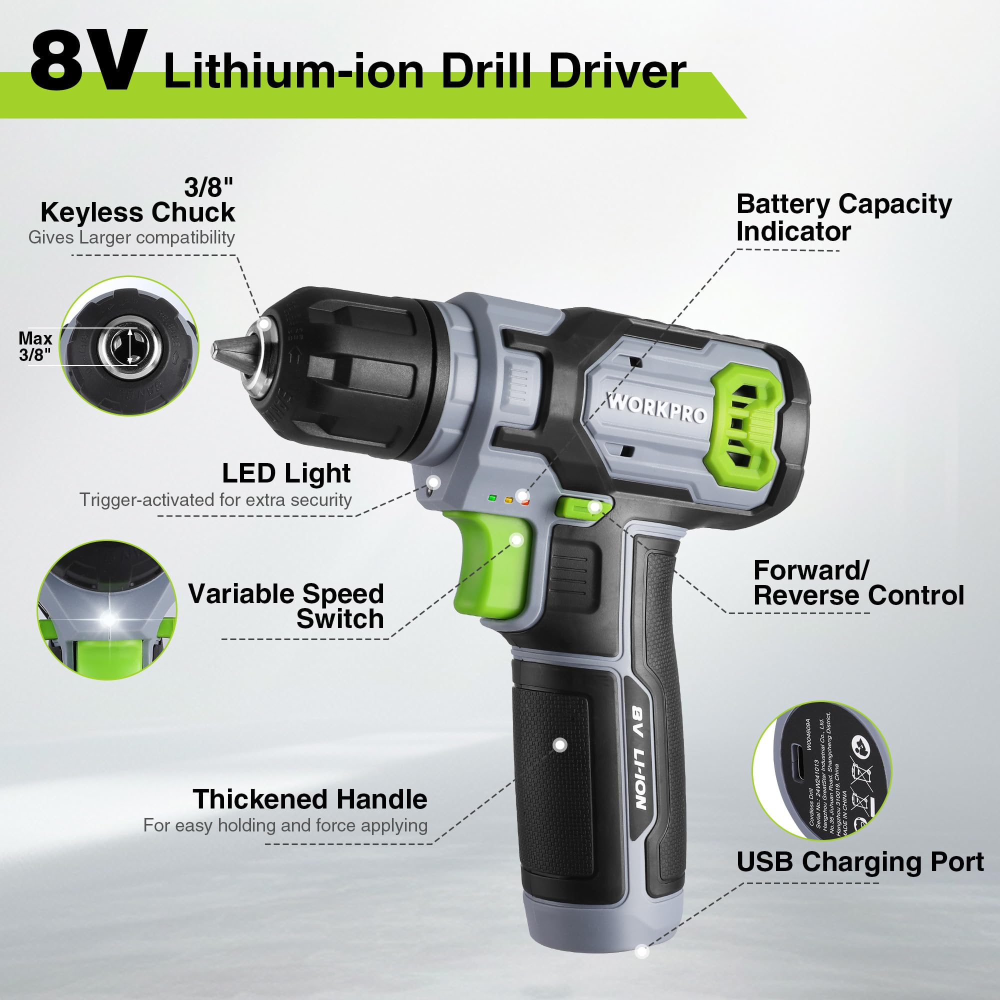 WORKPRO 8V Cordless Drill Driver Kit with Stackable Tool Box, 2.0Ah Battery & 3/8