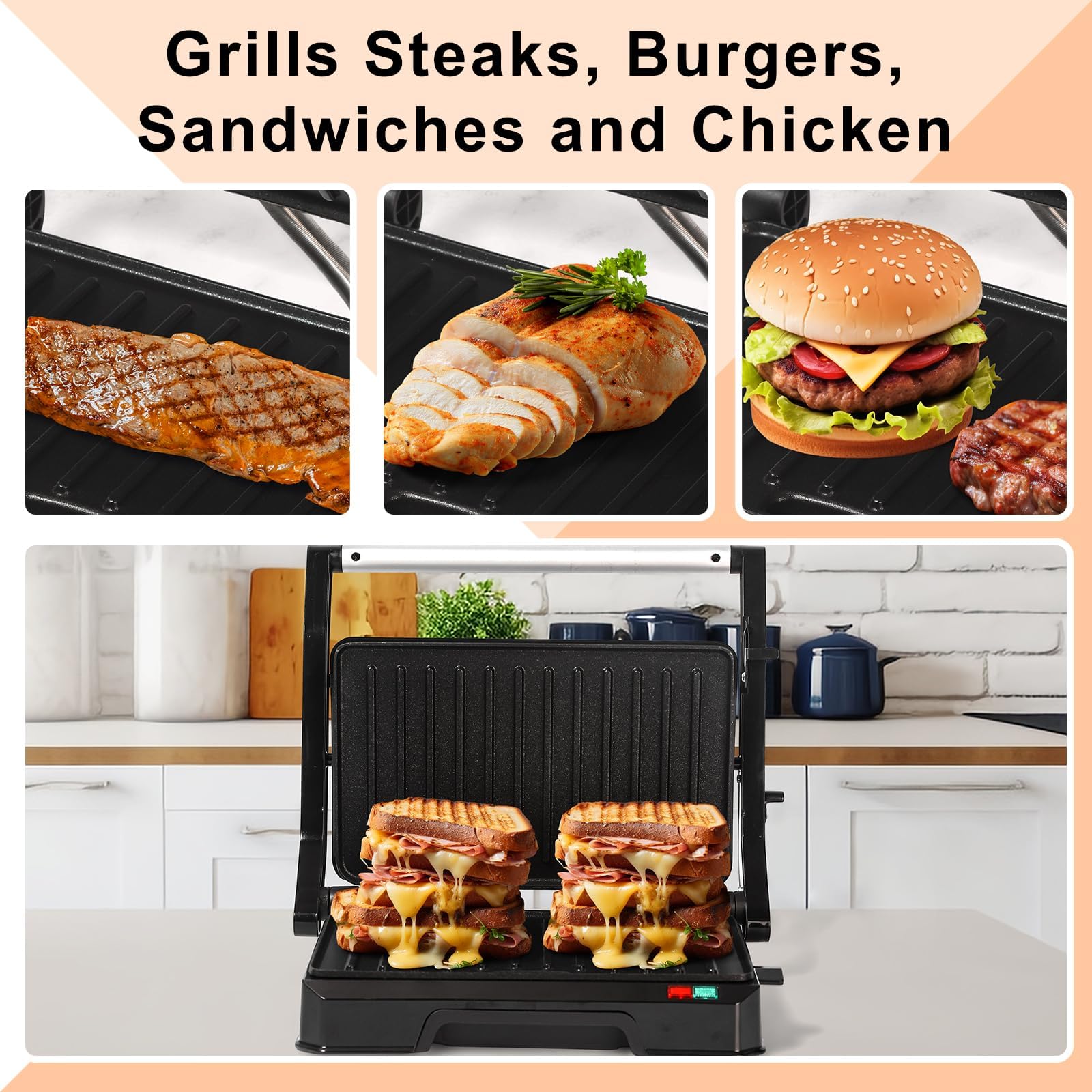 Electric Panini Press Grill Sandwich Maker - Non-Stick, 180° Open Design for Indoor Grilling - Perfect for Steaks, Burgers, Sandwiches & More - Ideal for Home Kitchens, Camping & Quick Meals (Black)
