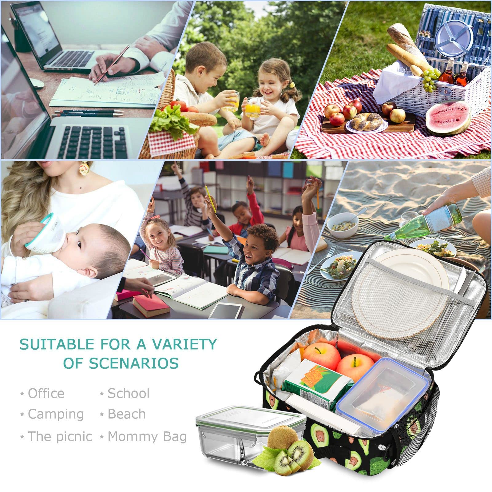 Kawaii Avocado Fruit Insulated Lunch Bag - Leakproof Reusable Lunch Box with Large Drinks Holder for Kids, Adults, School & Office - Perfect for Picnics, Work Lunches & Outdoor Activities