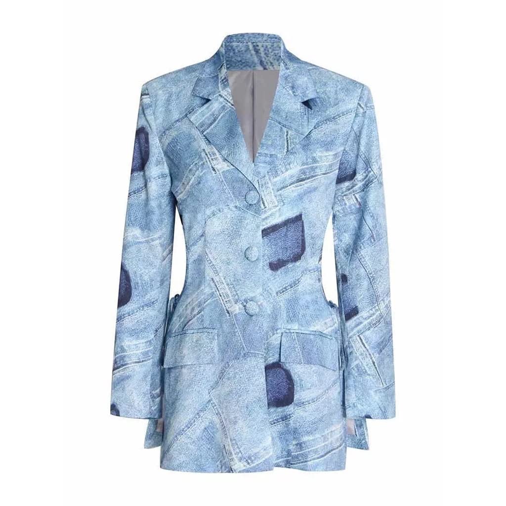 WDBBY Women's Lapel Long Sleeve Cut Out Denim Blazer - Colorblock Print Spring Fashion Jacket (Blue, Size L) | Perfect for Office Wear, Casual Outfits & Spring Outings