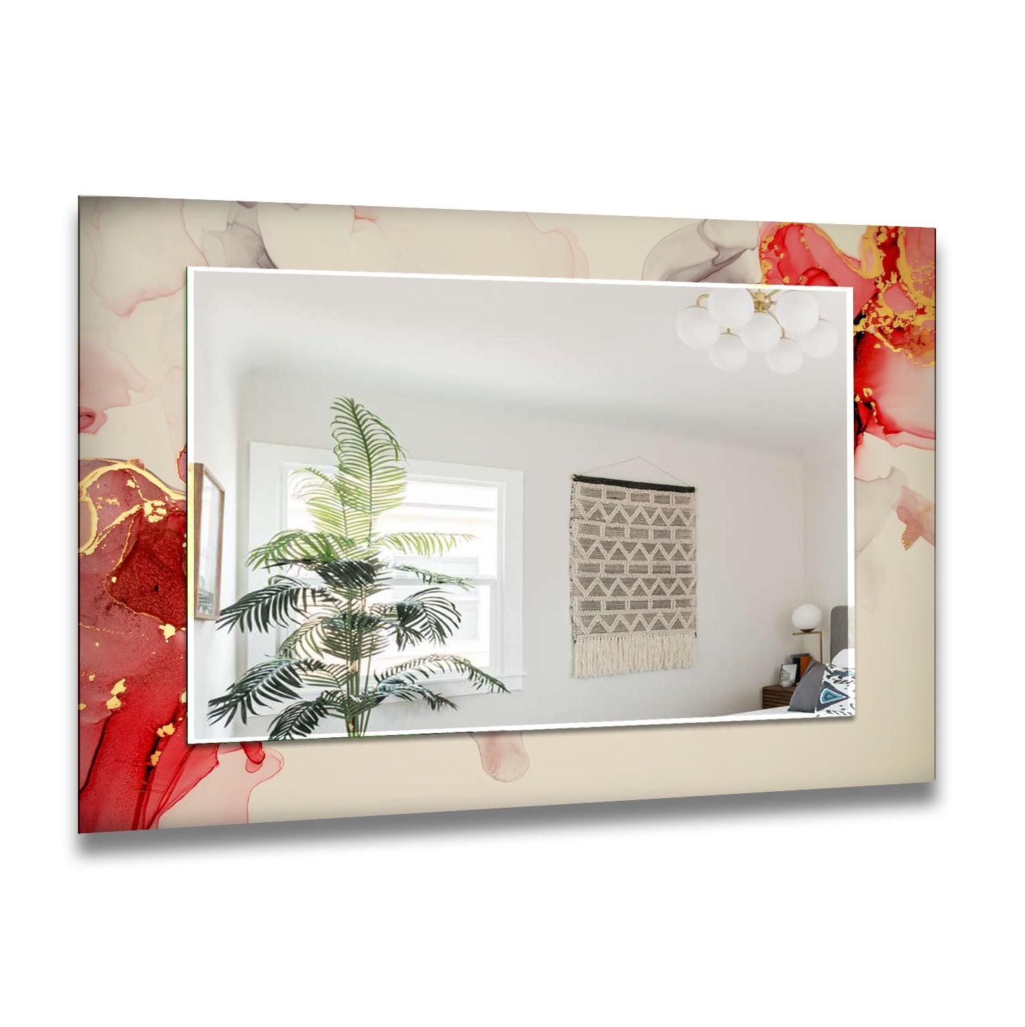 Beige and Gold Accent Wall Mirror with Red Details - Elegant Home Decor for Living Room, Bedroom, or Entryway