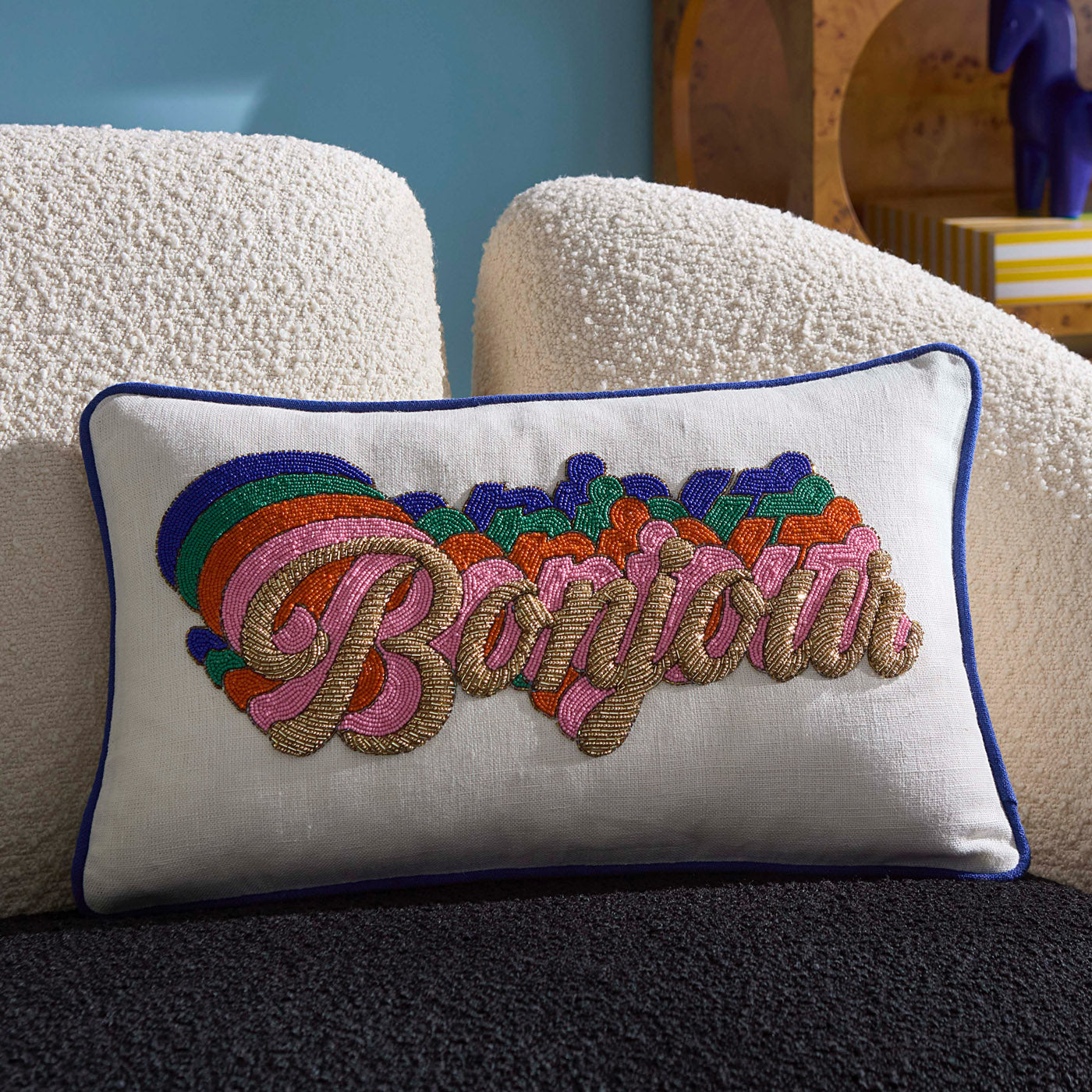 Bonjour Beaded Pillow - Decorative Bohemian Throw Pillow Cover for Sofa, Bed & Couch - Stylish Home Decor Accent for Living Room, Bedroom & Dorm