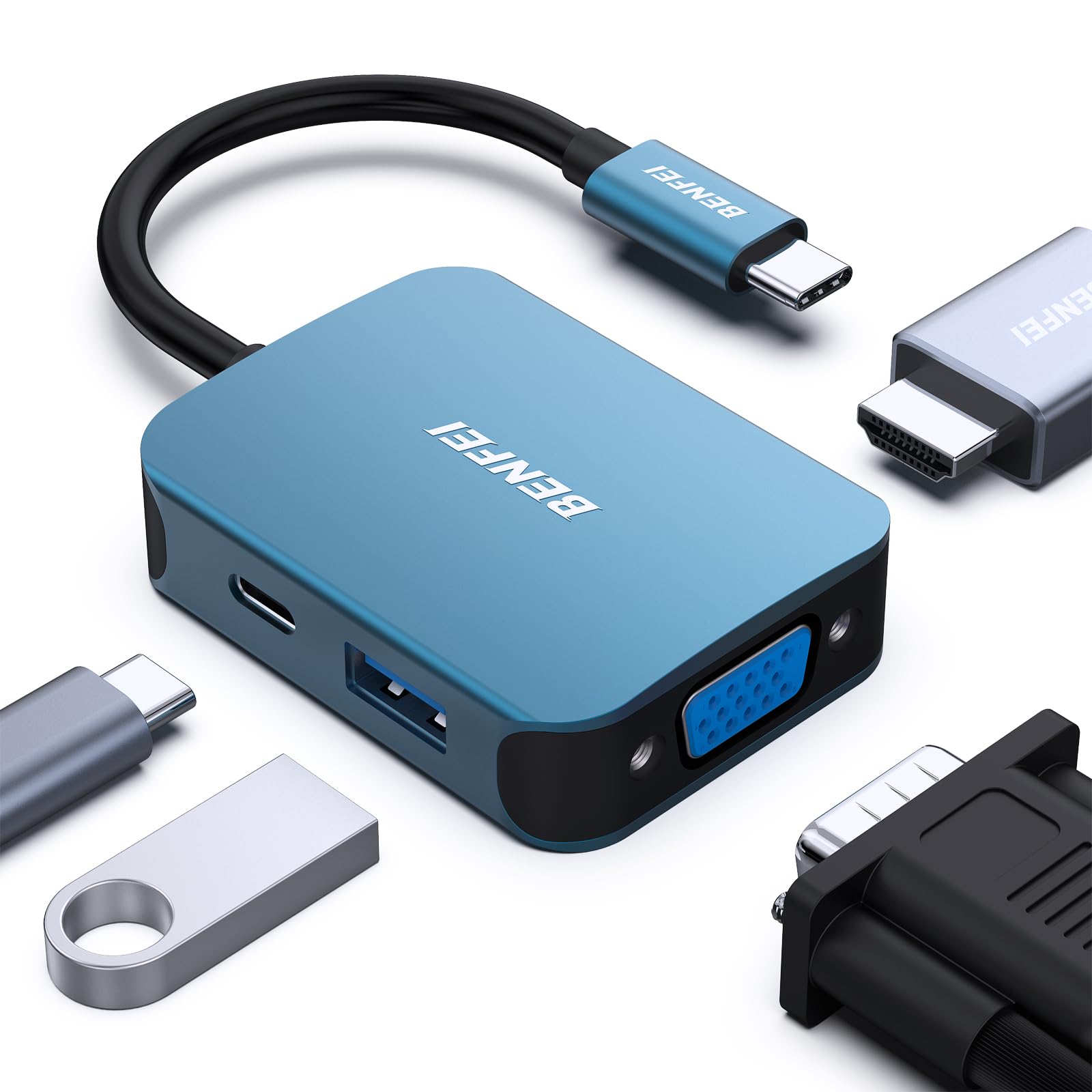 BENFEI 4-in-1 USB C Hub with HDMI VGA - for MacBook iPhone iPad Work & Travel