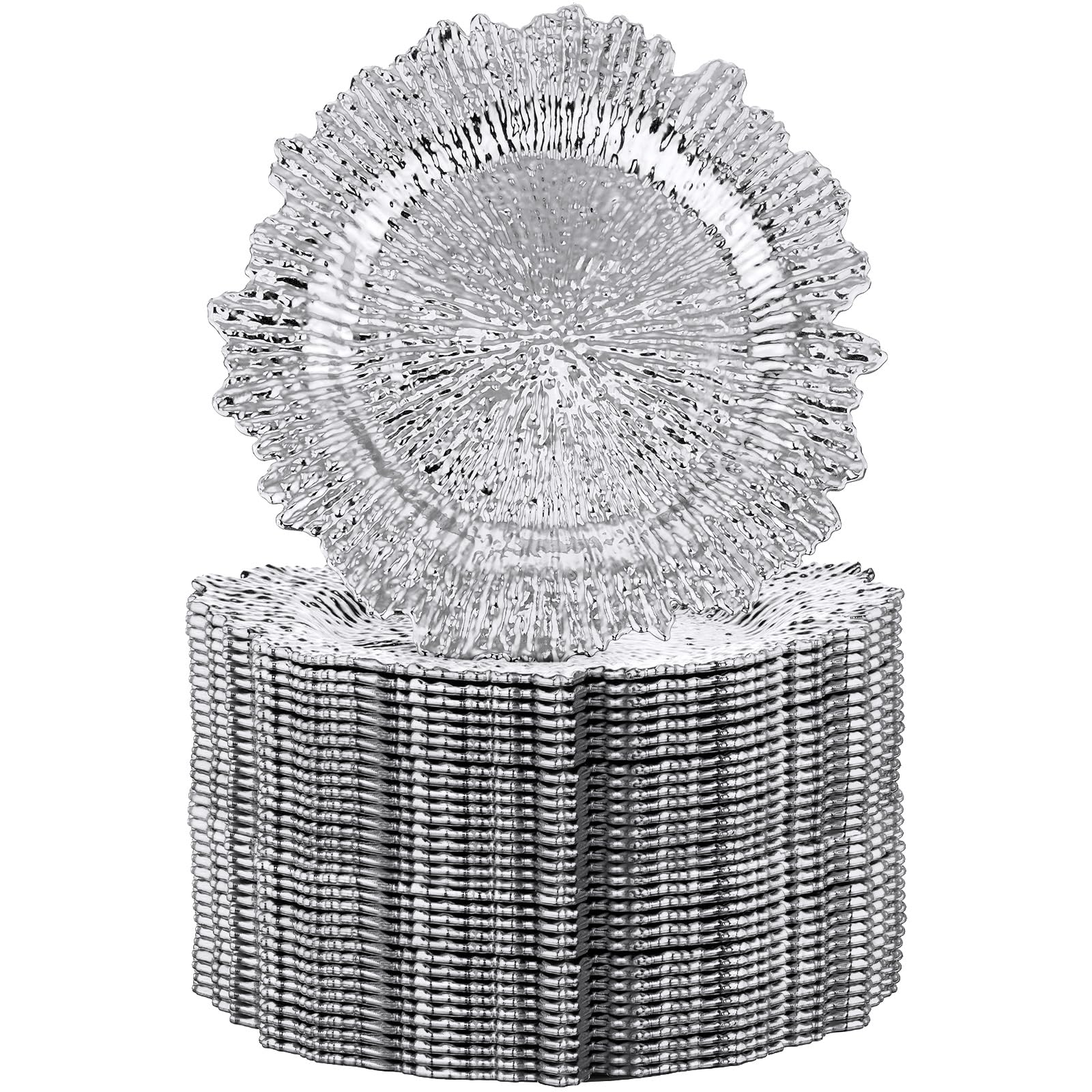 32 Pack Silver 13 Inch Reef Charger Plates Set - Elegant Floral Plastic Decorative Dinner Plates for Wedding, Party & Table Setting - Perfect for Buffet Serving, Holiday Dining & Special Occasions
