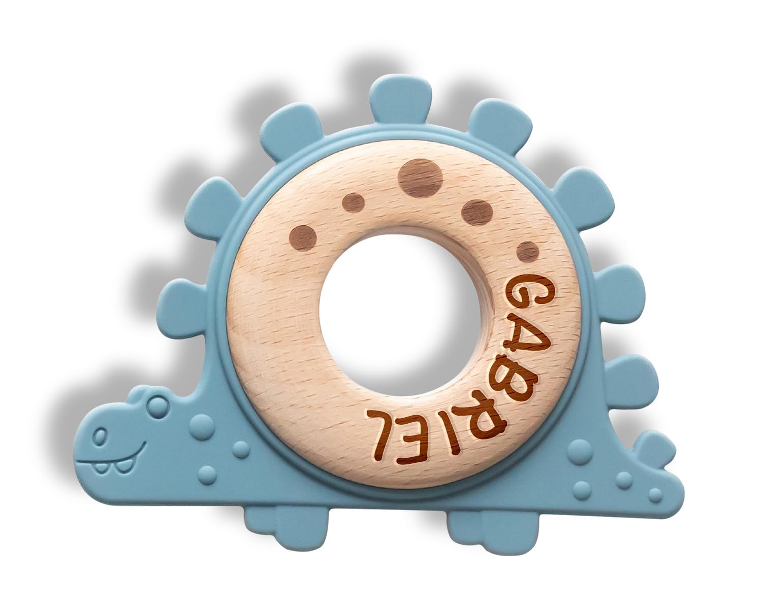 Personalized Baby Boy Gifts - Custom Wood & Silicone Teething Ring with Laser Engraved Name - Natural Dinosaur Teether for Newborns - Unique Baby Shower Gift with Gift Bag (Blue) | Perfect for New Parents, Baby Showers & First Birthday Presents