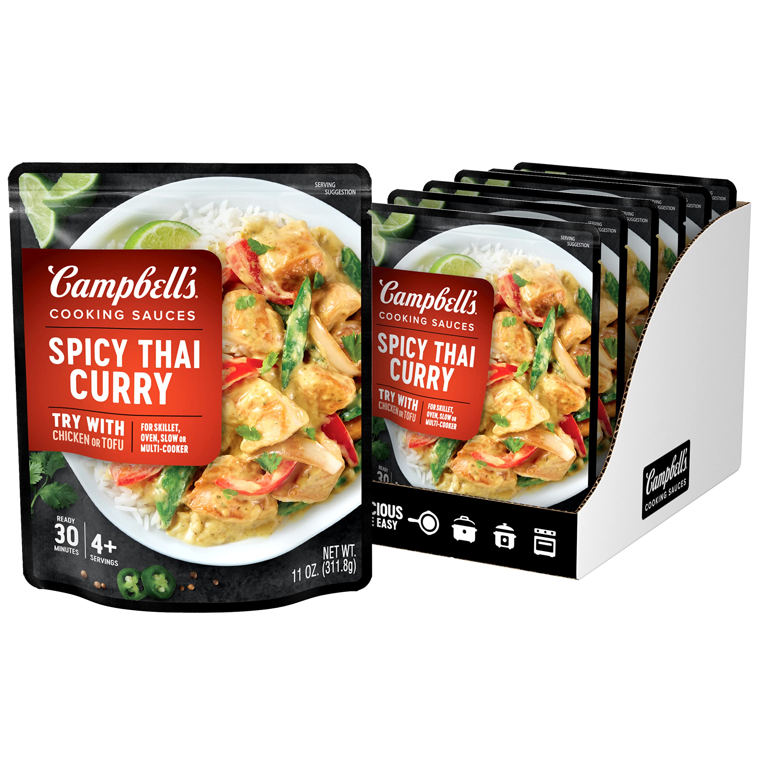 Campbell's Spicy Thai Curry Cooking Sauce - 11 Oz Pouch (Pack of 6) | Authentic Thai Flavors for Stir-Fry, Noodles & Rice Dishes | Quick & Easy Meal Solution