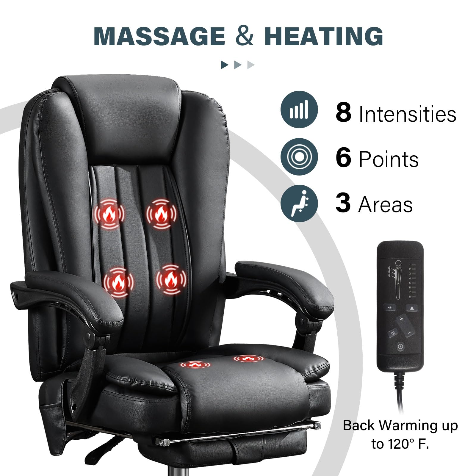Premium Massage Office Chair with Heat & 6 Vibration Points - Ergonomic Executive Chair with Footrest, Padded Armrests, Reclining Backrest & Smooth-Rolling Wheels - Perfect for Home Office, Gaming & Relaxation