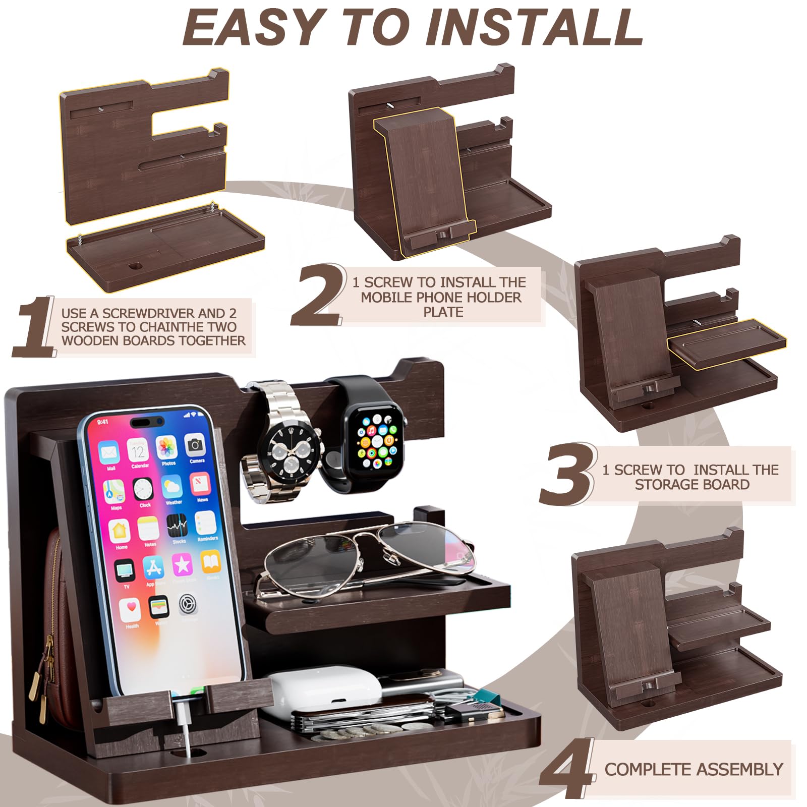 Yirilan Wooden Phone Docking Station & Nightstand Organizer - Perfect Birthday Gift for Men, Dad, Boyfriend, Grandpa - Great for Anniversary, Christmas, Graduation - Travel Gadget & Home Office Accessory - Brown