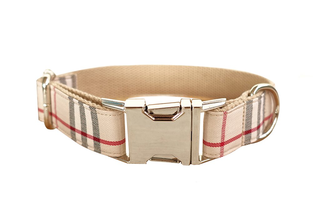 RC GearPro Adjustable Nylon Dog Collar - Khaki Plaid Pattern with Zinc Alloy Buckle - Fits Small, Medium & Large Dogs (42-48cm Neck) - Durable & Comfortable for Daily Walks, Training & Outdoor Adventures