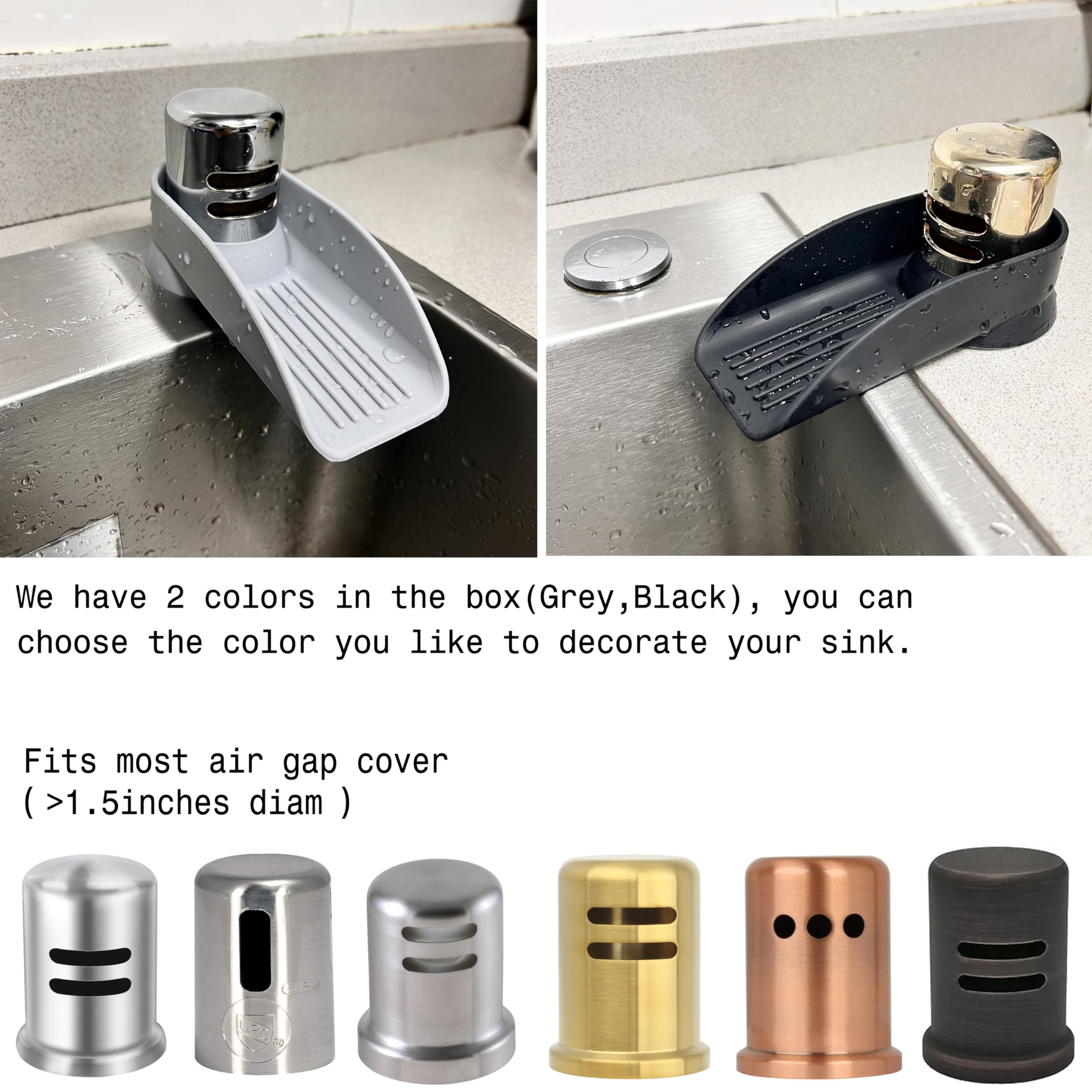 2-Pack Universal Dishwasher Air Gap Cover with Water Ramp & 4° Overflow Spout Extender - Silicone Splash Guard Replacement (Grey & Black) - Perfect for Kitchen Sink, Countertop Protection & Dishwasher Leak Prevention