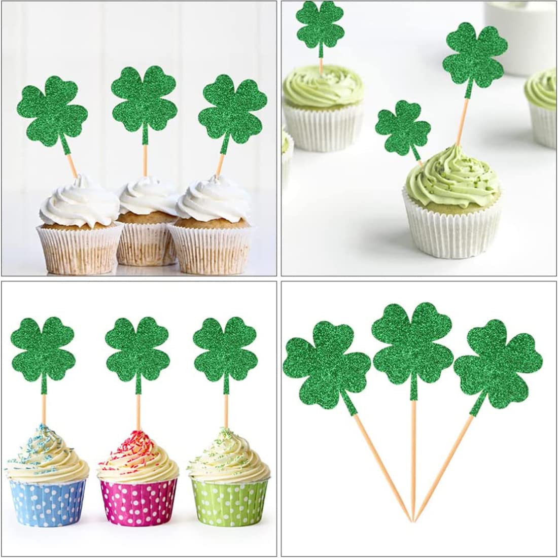24 PCS Green Glitter Clover Cupcake Toppers - St Patrick's Day & Party Decor