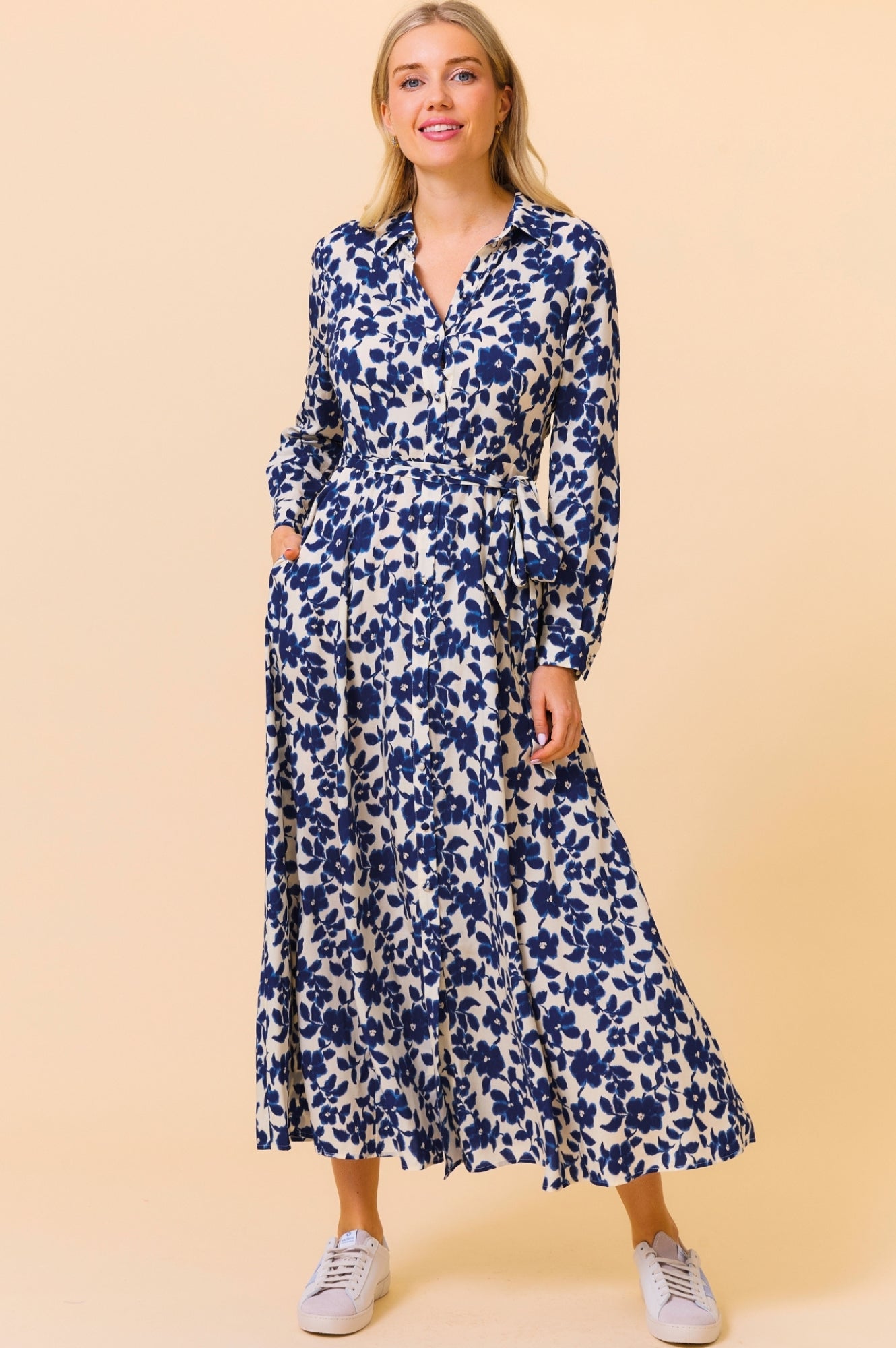 Eliza EcoVero™ Shirt Dress for Women - Blossom Cream & Navy Blue | Sustainable Viscose Blend | Casual Office Wear & Spring Outfits