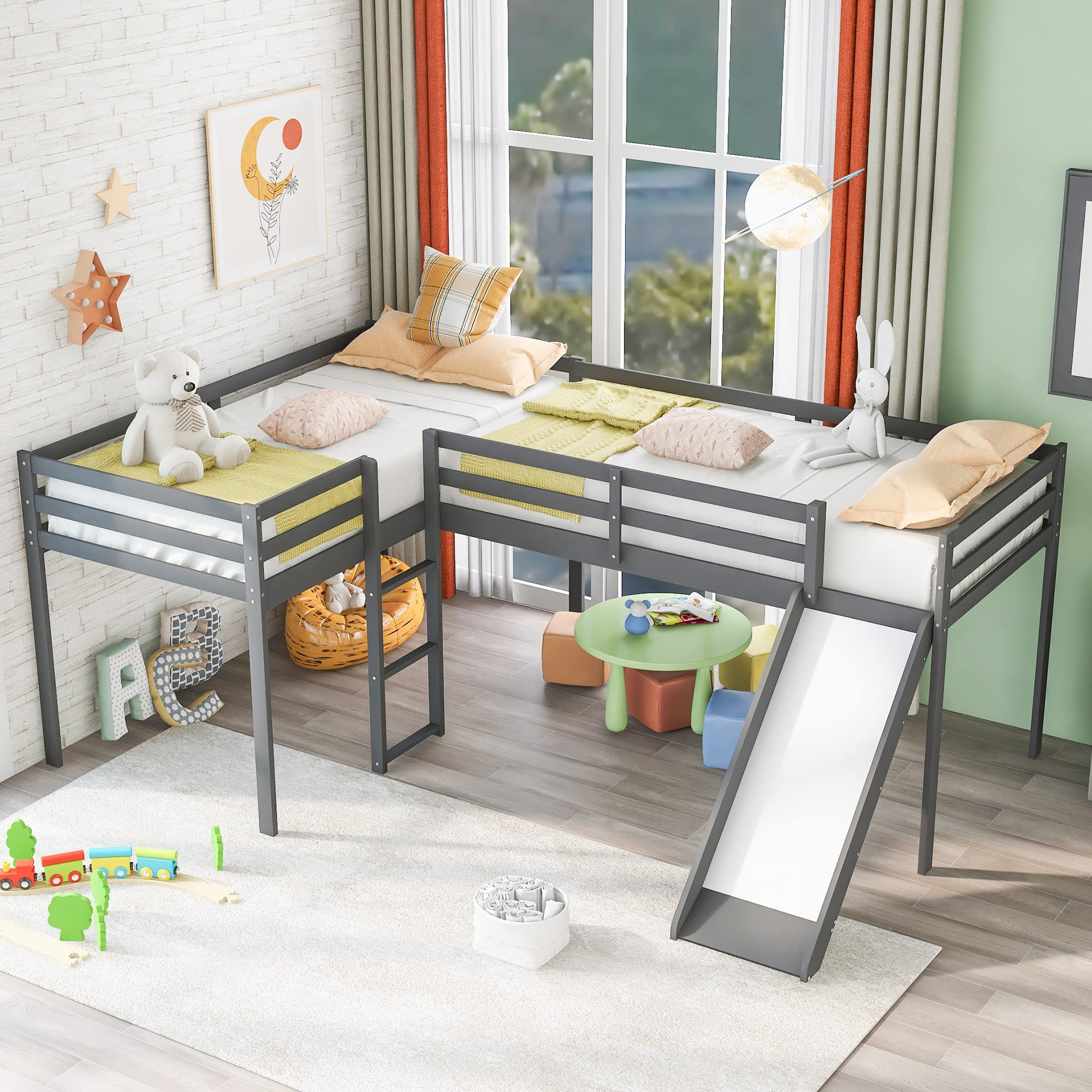 Kids Twin L-Shaped Loft Bed with Ladder & Slide - Sturdy Wood Loft Beds for Small Spaces - Perfect for Bedrooms, Playrooms & Dorm Rooms (Gray)