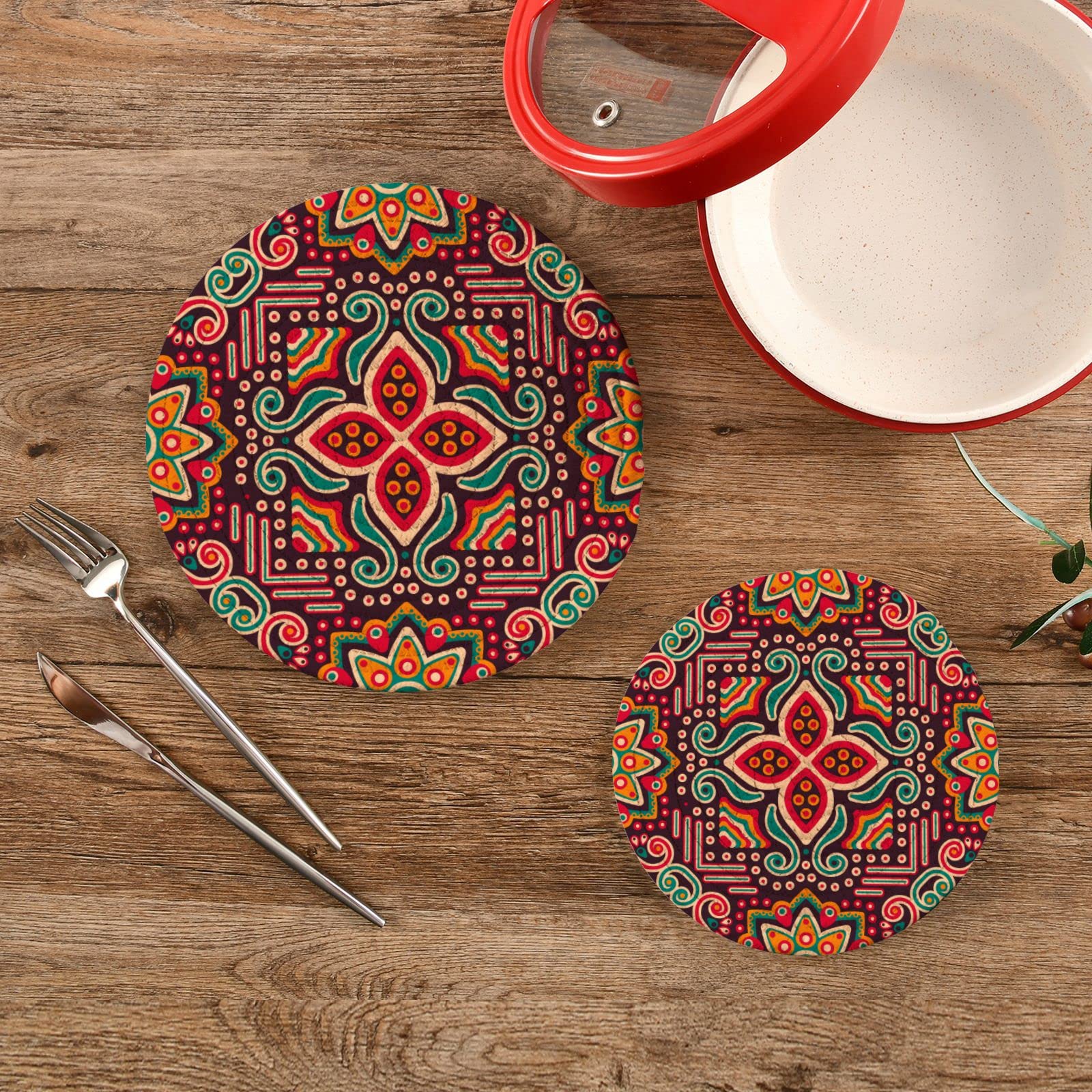 Mexican Floral Pot Holders & Trivets Set of 2 - Heat Resistant Cotton Woven Trivet Mats for Hot Pans, Bowls & Teapots - Traditional Ethnic Kitchen Decor for Dining Table & Countertop Protection
