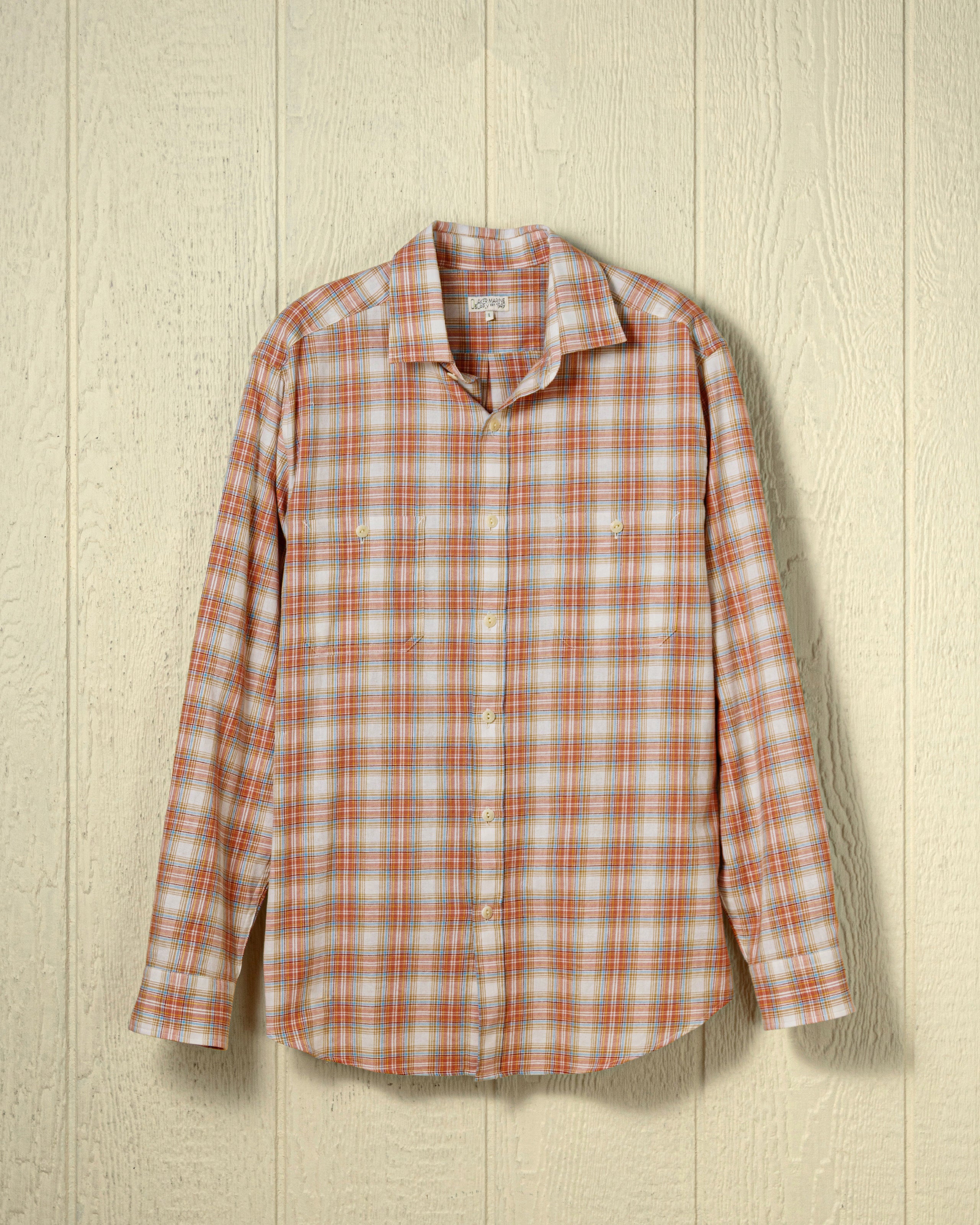 Stylish Coastal Cotton Twill Shirt in Coral/Chambray Plaid - Perfect for Beach Vacations, Summer Outings & Casual Wear