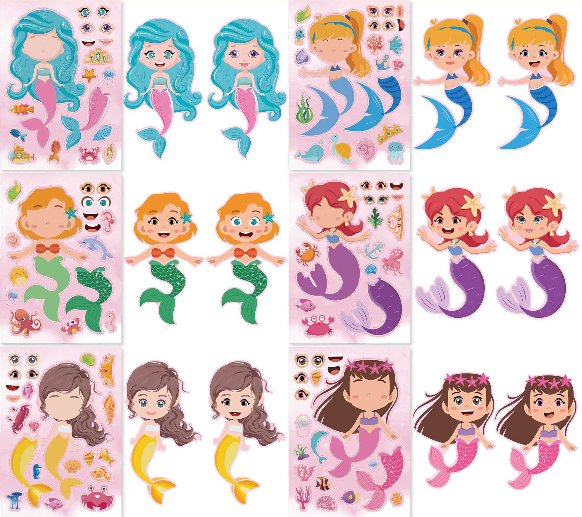 DIY Mermaid Princess Stickers for Kids - 24 Sheets Make Your Own Face Stickers, Mermaid Craft Kit for Toddlers, Party Favors & Creative Activities | Perfect for Birthday Parties, Classroom Projects & Arts and Crafts Time