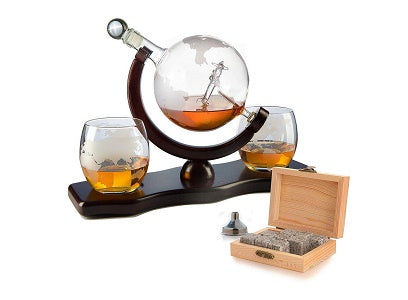 Premium Etched World Map Whiskey Decanter Gift Set - Antique Airplane Design with Whiskey Stones & 3 Globe Glasses - Perfect for Whiskey Lovers, Home Bar Decor & Unique Gifts for Men