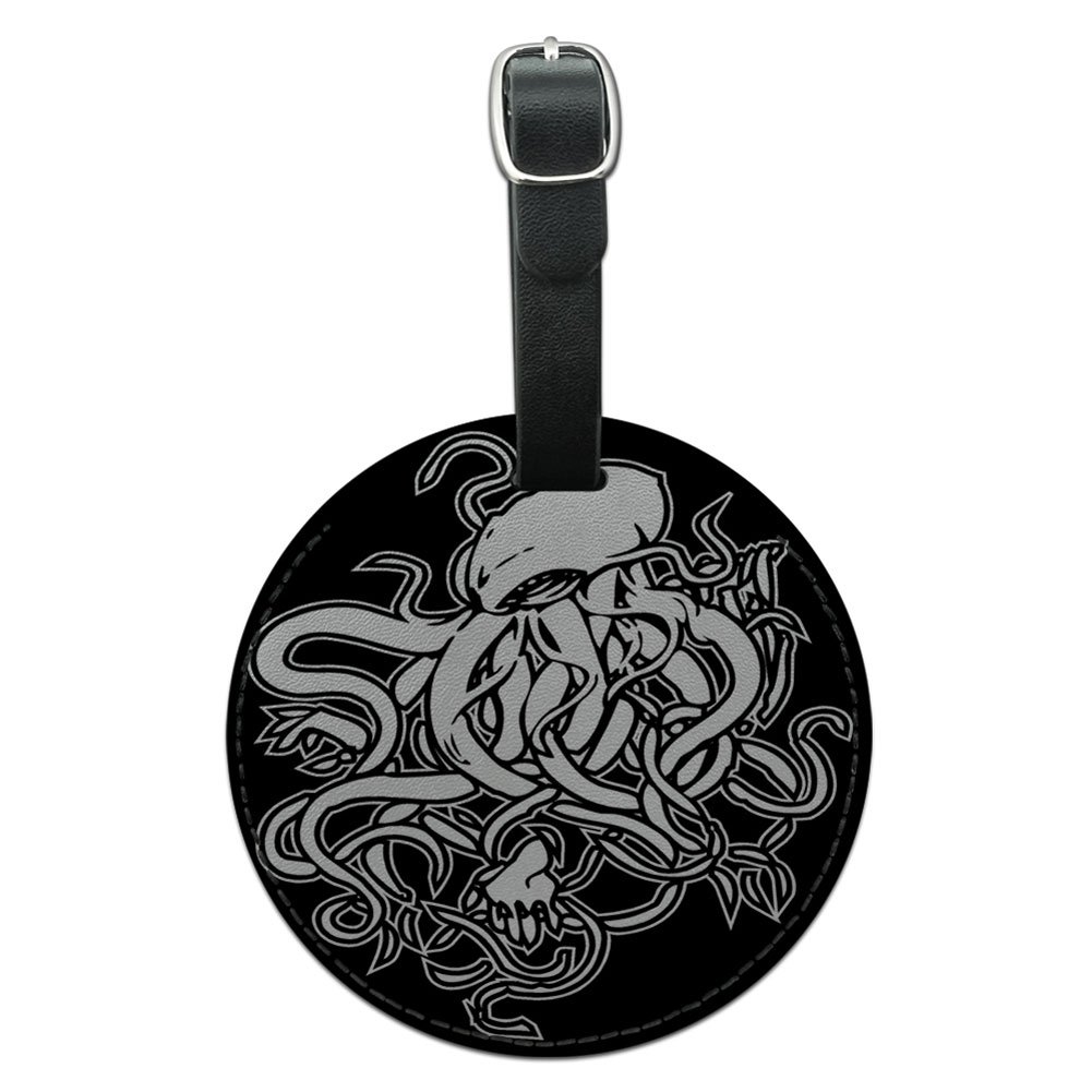 Cthulhu Round Leather Luggage Tag - Personalized Suitcase ID Tag for Carry-On Bags - Black Leather Travel Accessory - Perfect for Airports, Cruises & Business Trips