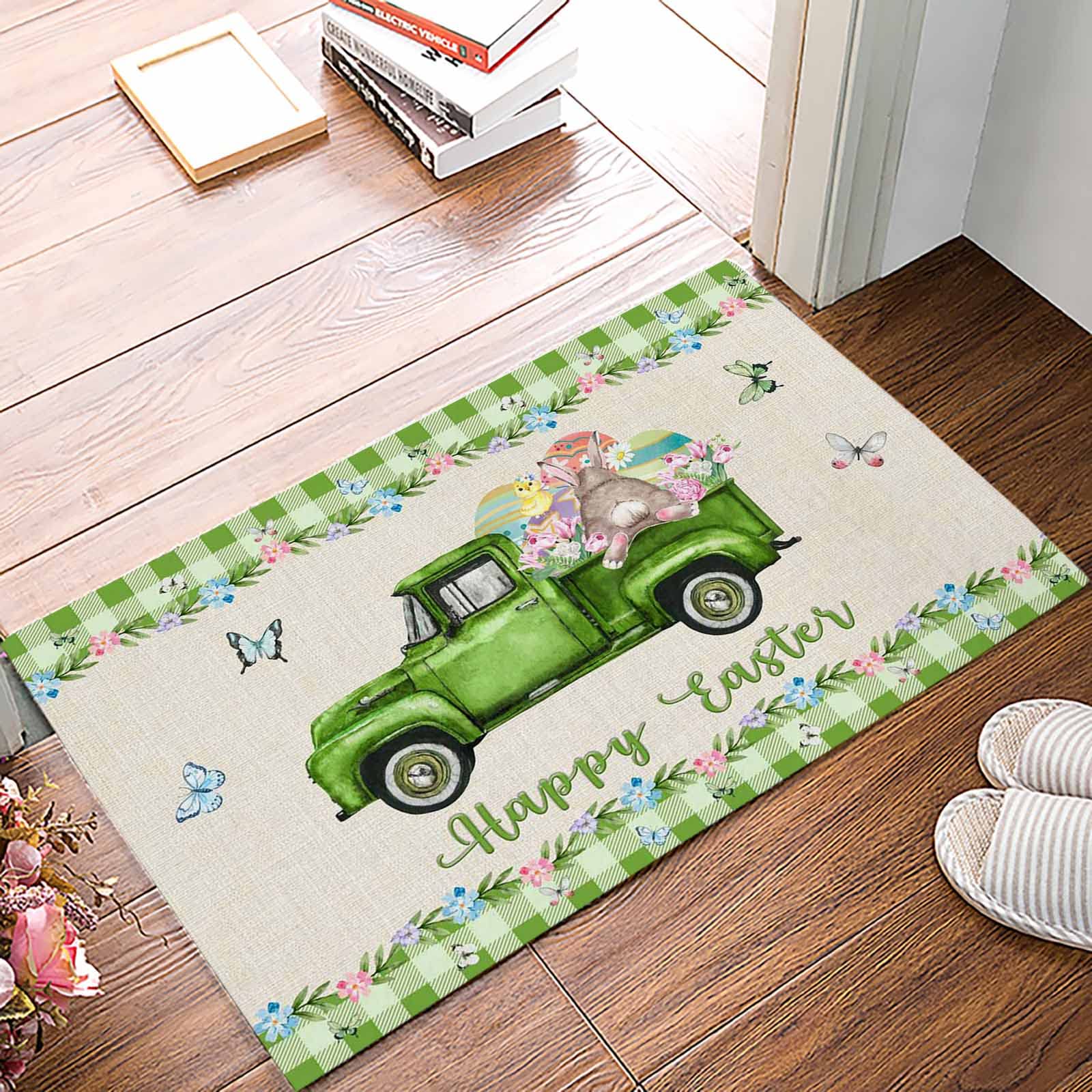 Non-Slip Easter Bunny Green Truck Doormat 16x24 Inch - Indoor/Outdoor Welcome Rug for Bathroom, Bedroom & Living Room - Durable Decorative Floor Mat for Spring Decor & Holiday Home Entryway