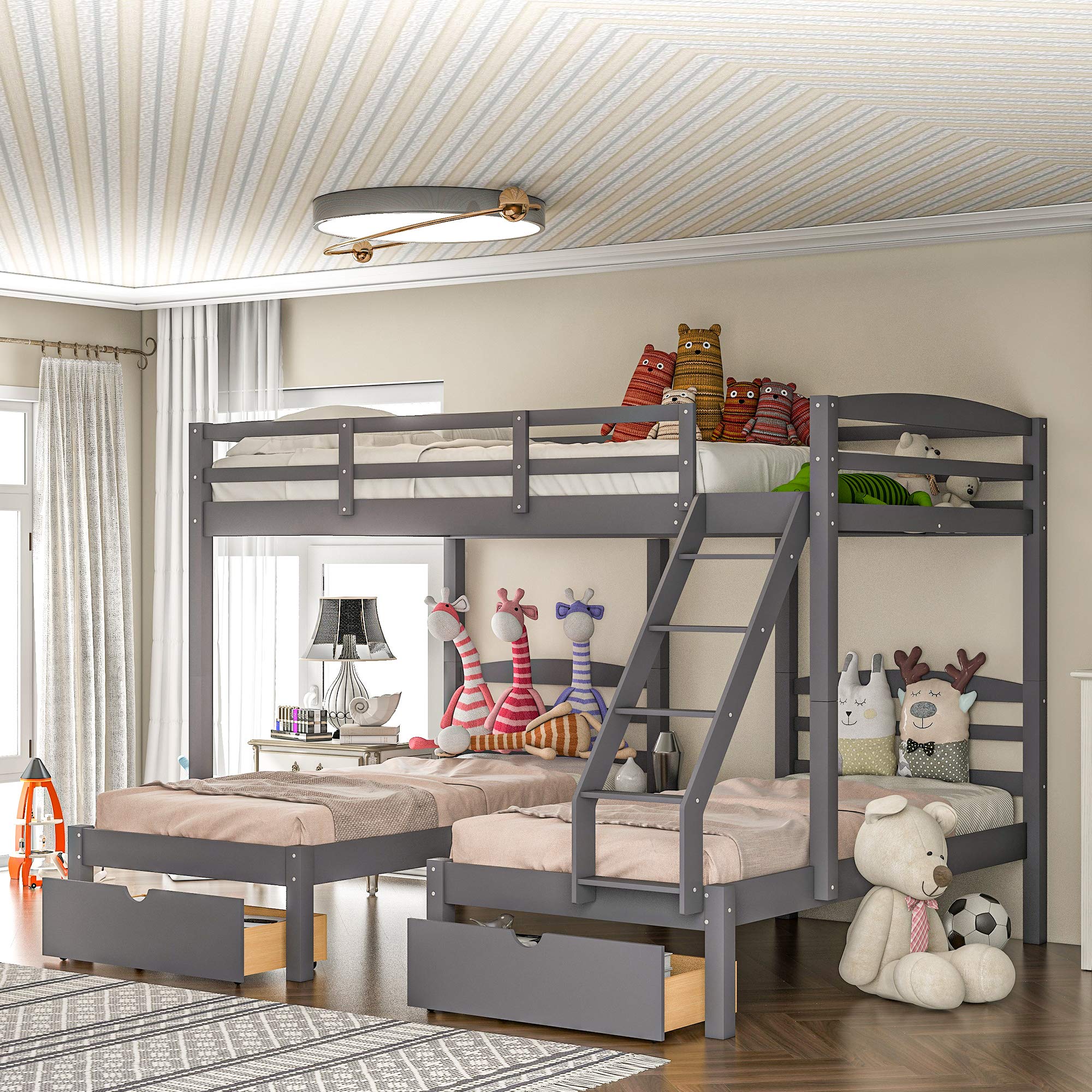Full Over Twin & Twin Bunk Bed Frame - Solid Wood Triple Bunk Bed with Drawers & Guardrails for Kids, Teens & Adults - Space Saving Bedroom Furniture for Small Rooms, Dorms & Guest Rooms