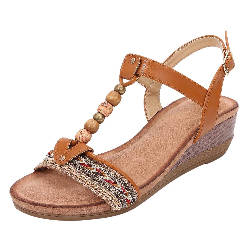 Women's Bohemian Beaded Aqua Sandals - Vintage Roman Wedge Open Toe Beach Shoes for Summer, Travel & Casual Outings