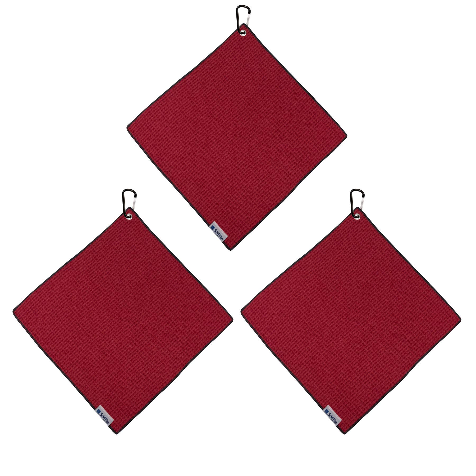 Premium Waffle Golf Towels 3-Pack | 16x16 Inches with Clip | Quick-Dry Microfiber Towels for Golfers (Cardinal Red) | Perfect for Golf Course, Driving Range & Sports Events