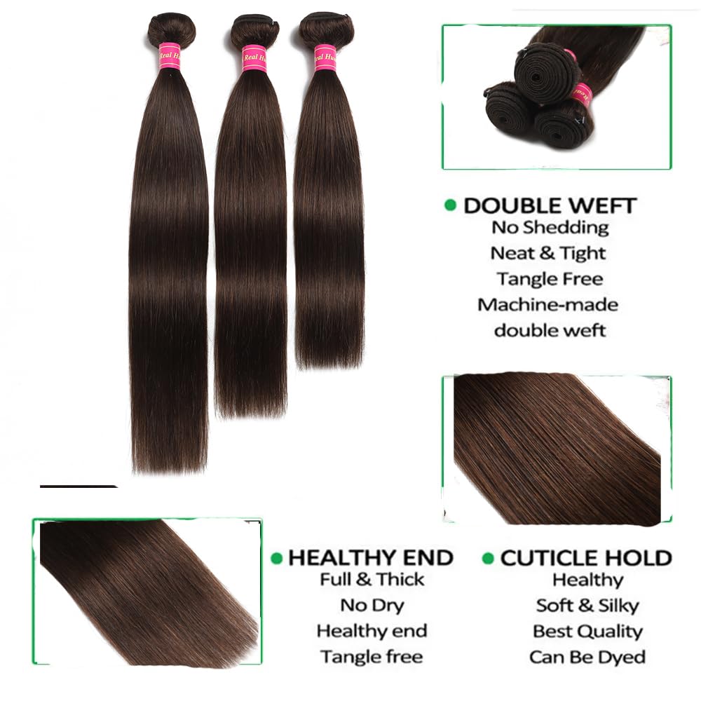 100% Unprocessed Brazilian Virgin Human Hair Bundles - 9A Grade Brown Hair Extensions for Sew-In Weave (18, 20, 22 +16 Inches) | Natural Looking Hair Replacement for Daily Styling & Special Occasions