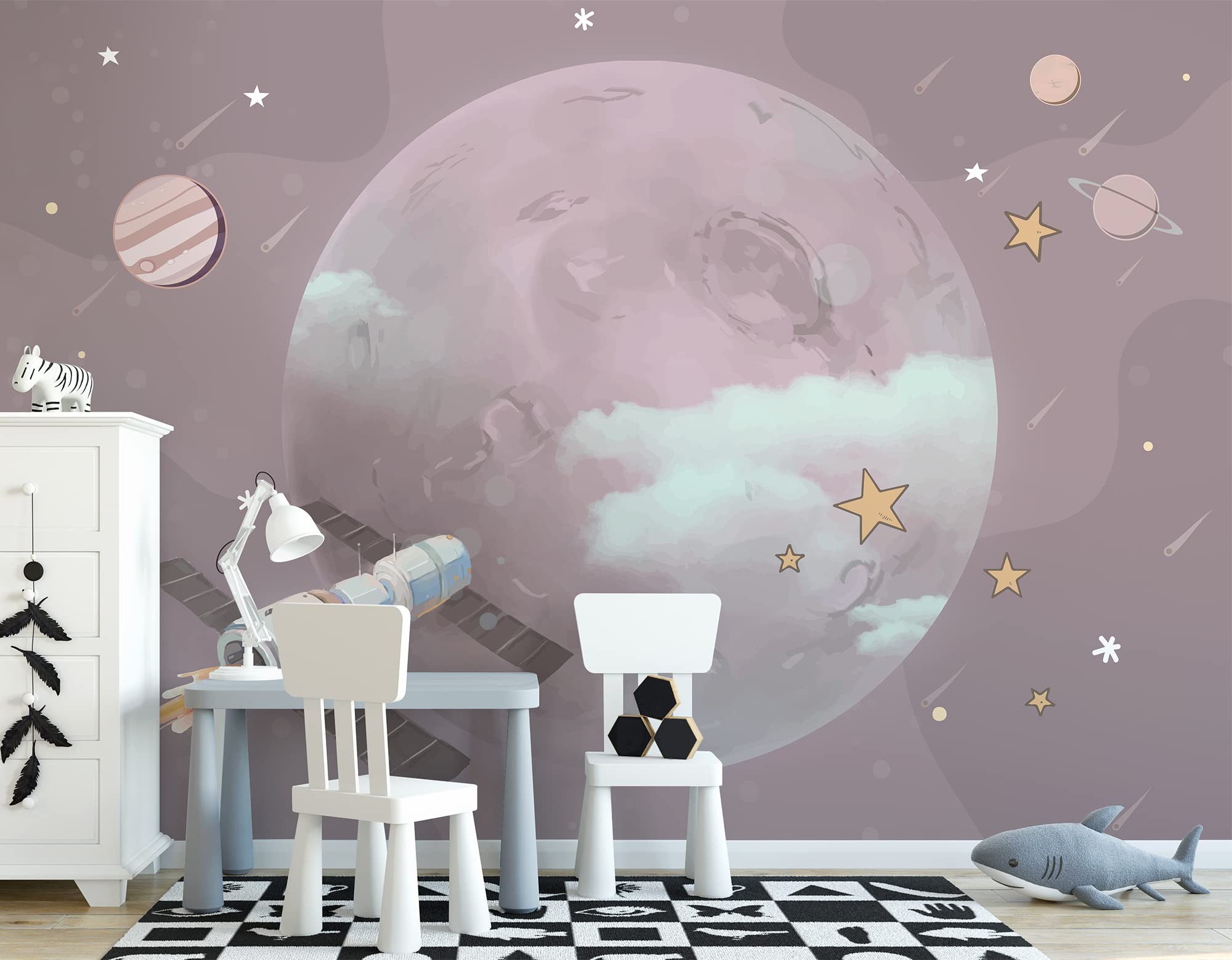 Murwall Kids Wallpaper - Cartoon Planet Space Wall Mural for Children's Room, Nursery Decor & Kindergarten Playroom | Fun Educational Space-Themed Wall Art for Bedrooms, Play Areas & Learning Spaces