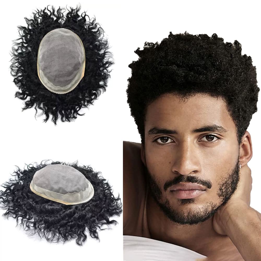 **Afro Toupee for Black Men - Human Hair System with Kinky Curly Wavy Texture | Bleached Knots & Natural Hairline | Breathable Weave (8