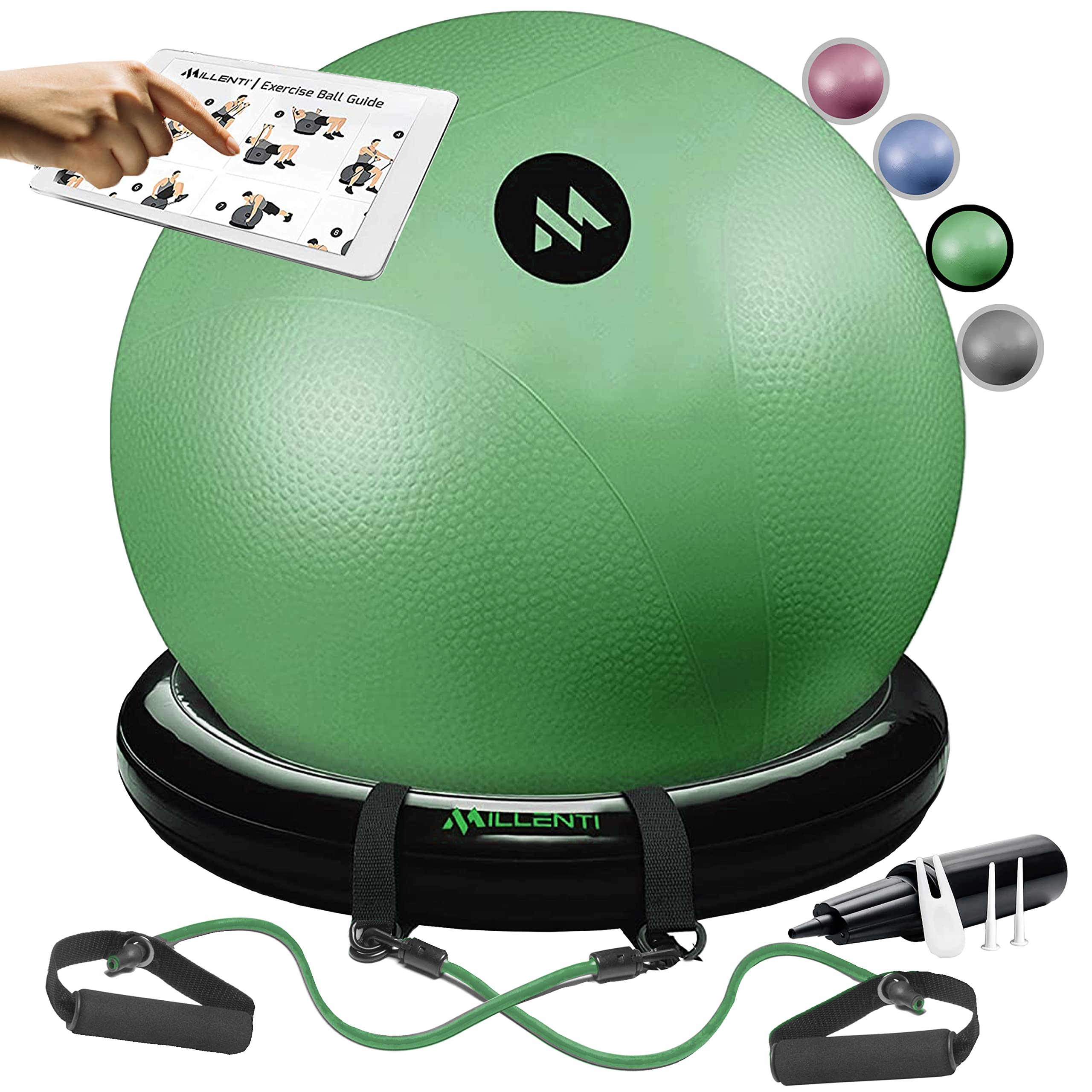 Millenti 65cm Exercise Ball Chair with Stability Base Ring Kit & Resistance Bands - Yoga, Pilates, Home Gym, Office Chair & Pregnancy Birthing Ball - Includes Workout Chart for Fitness & Posture Support