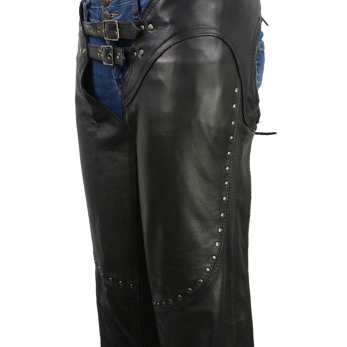 Milwaukee ML1186 Women's Black Low-Rise Waist Motorcycle Leather Chaps with Double Buckle & Rivet Detailing - Perfect for Harley Riding & Biker Events